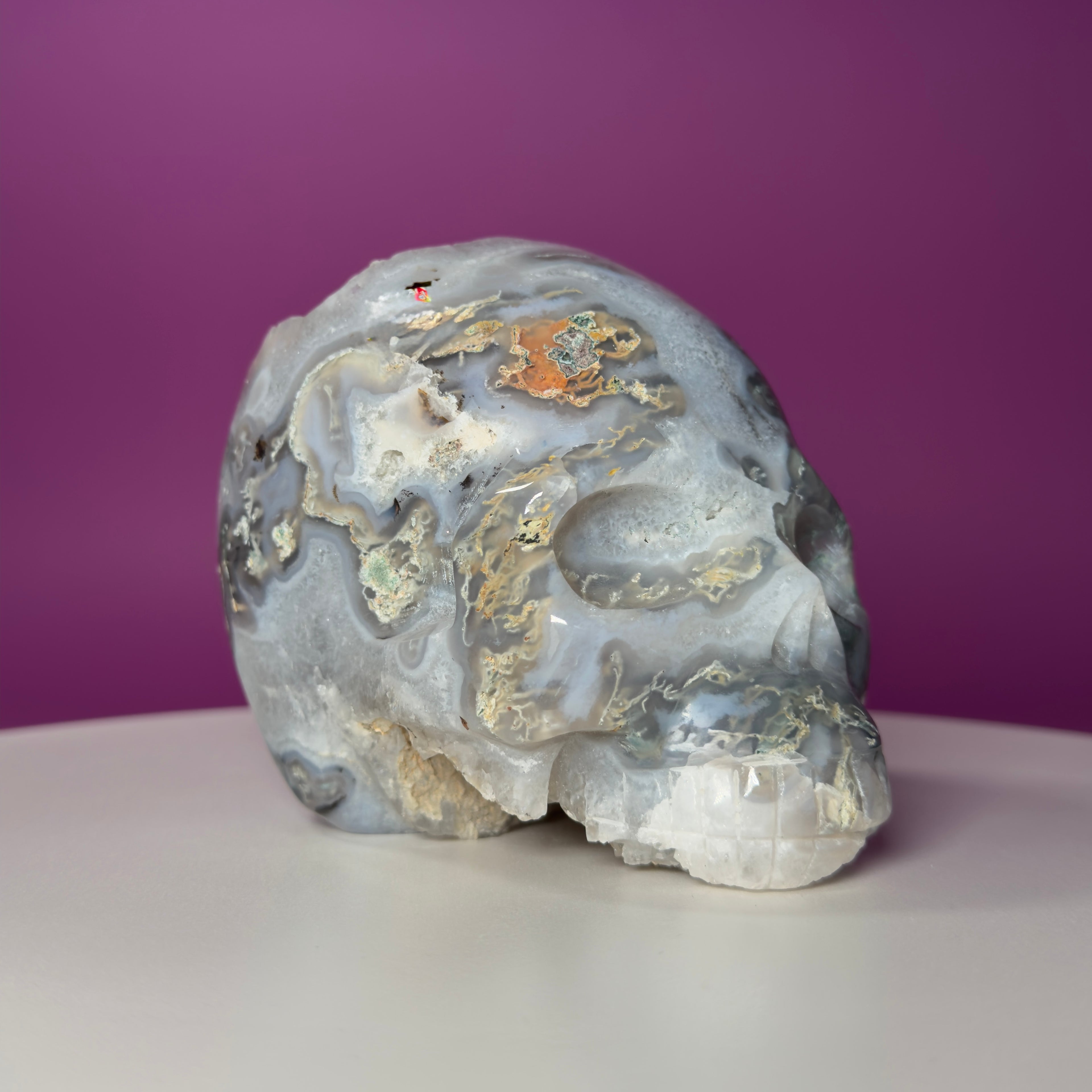 Moss Agate Skull with Druzy – 1,446g Collector Statement Piece