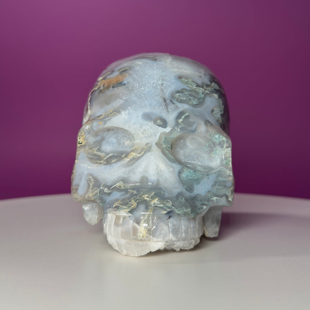Moss Agate Skull with Druzy – 1,446g Collector Statement Piece