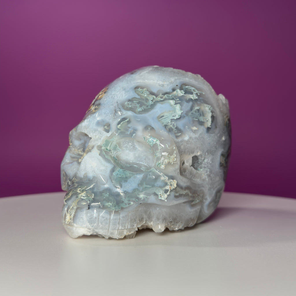Moss Agate Skull with Druzy – 1,446g Collector Statement Piece
