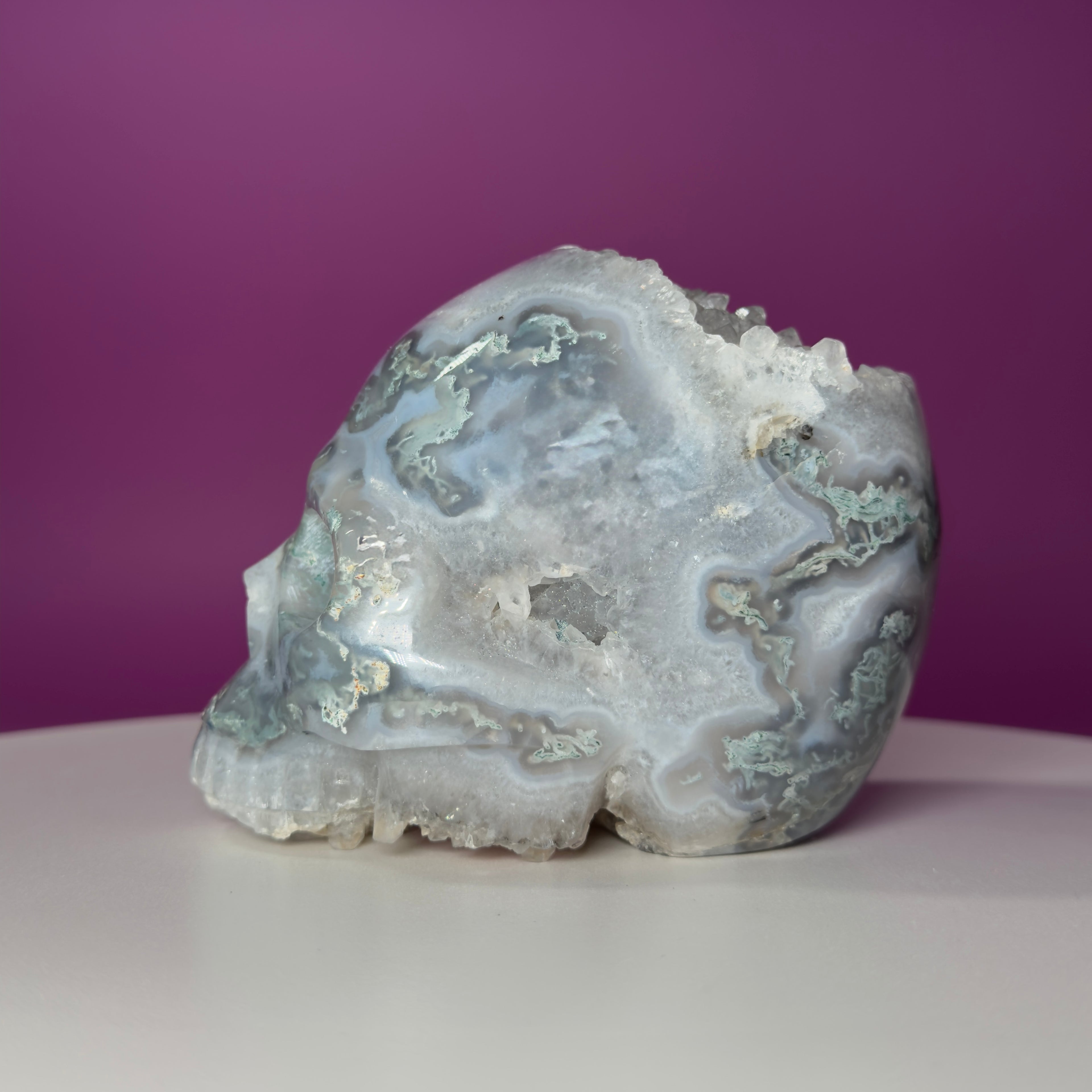 Moss Agate Skull with Druzy – 1,446g Collector Statement Piece