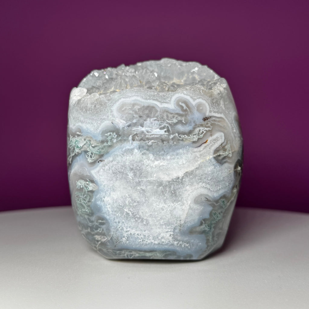 Moss Agate Skull with Druzy – 1,446g Collector Statement Piece