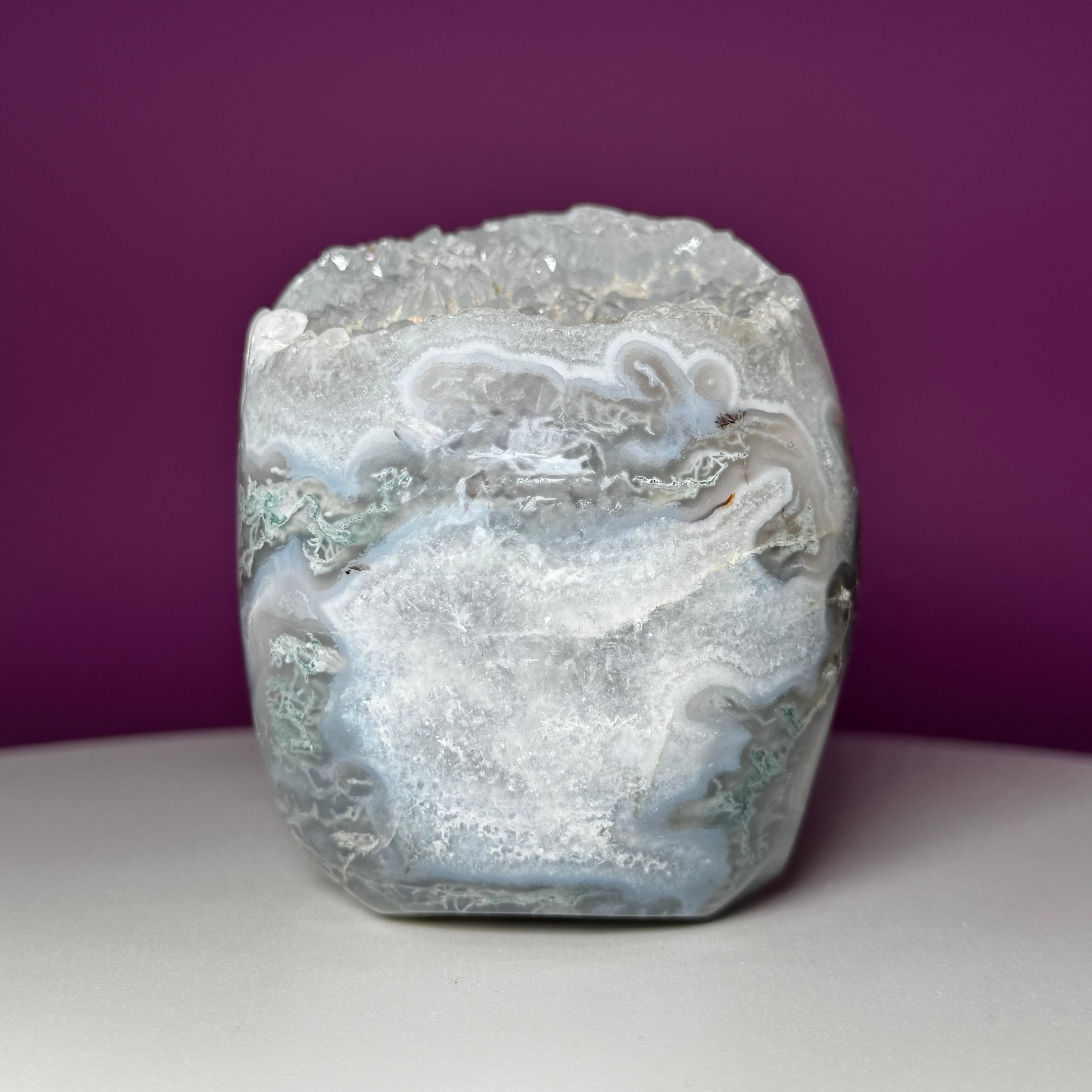 Moss Agate Skull with Druzy – 1,446g Collector Statement Piece