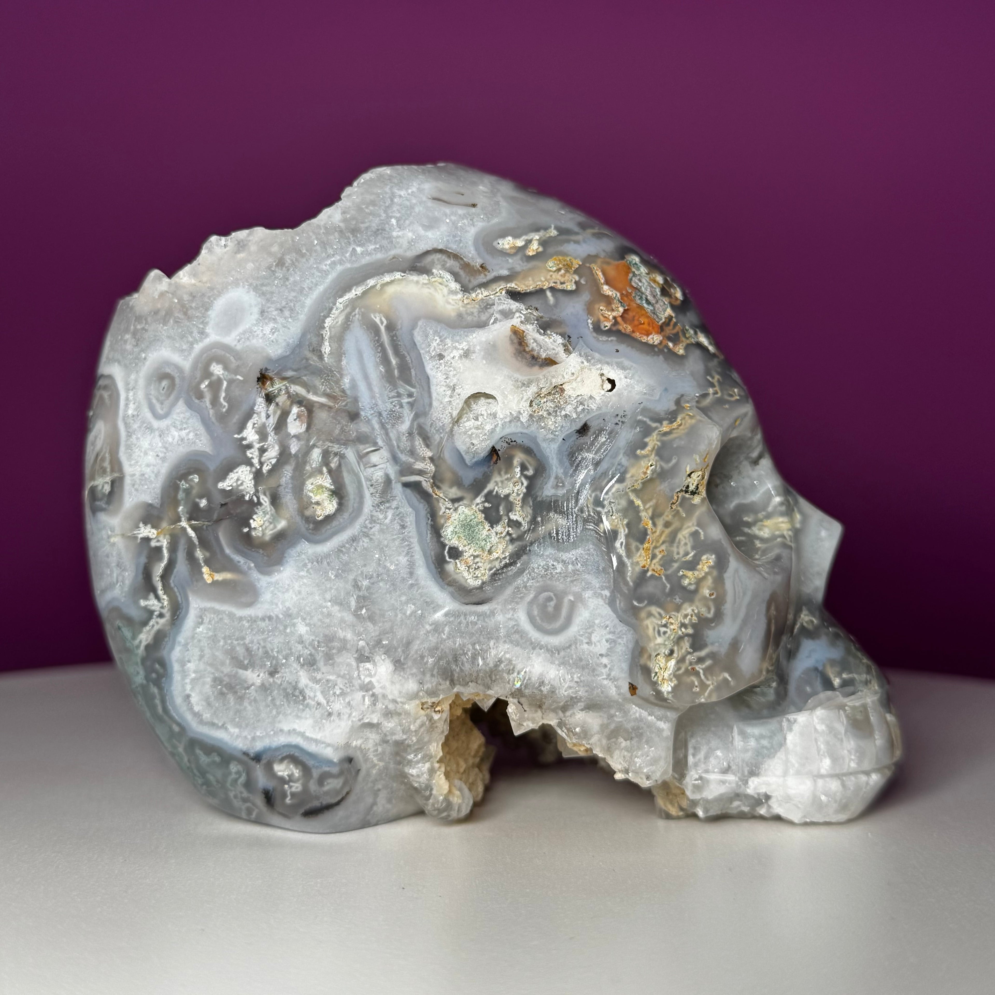 Moss Agate Skull with Druzy – 1,446g Collector Statement Piece