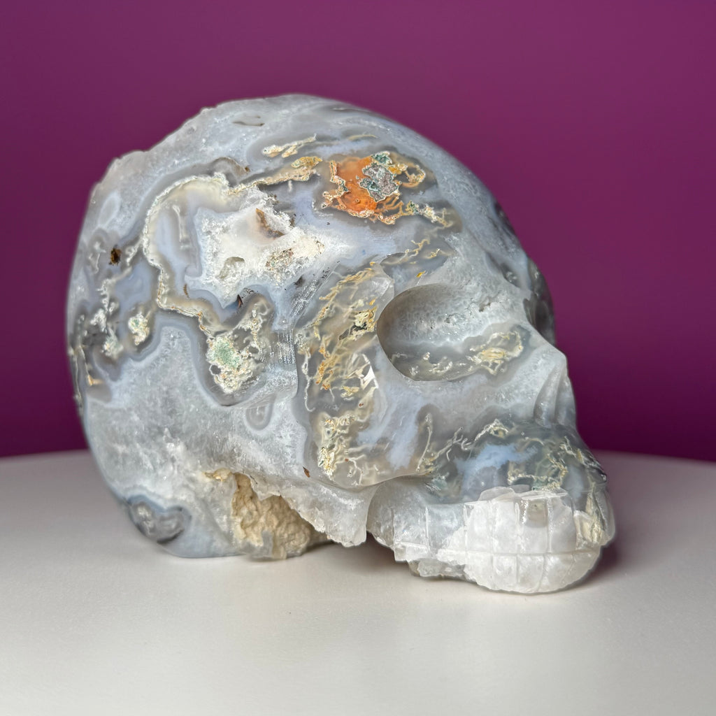 Moss Agate Skull with Druzy – 1,446g Collector Statement Piece