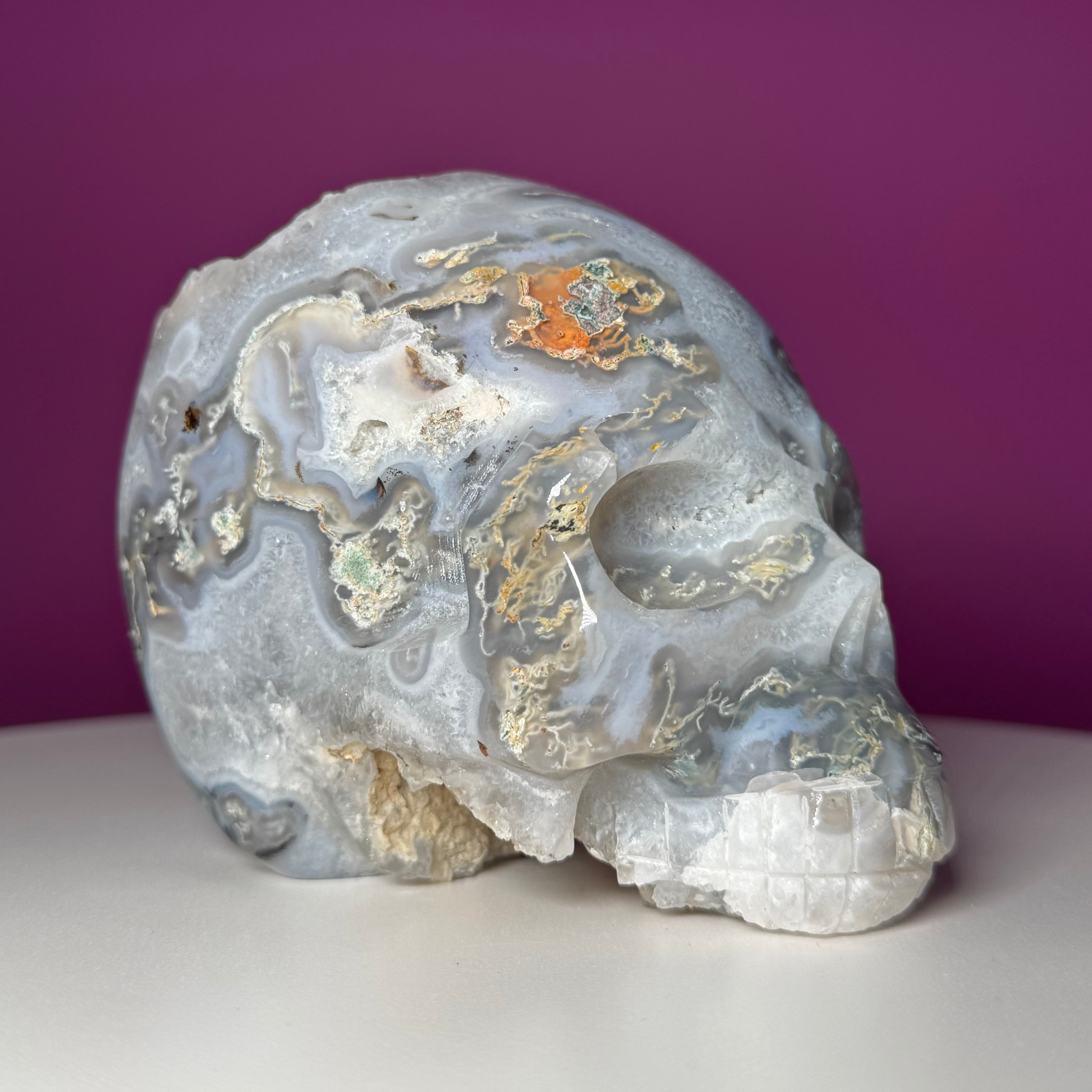 Moss Agate Skull with Druzy – 1,446g Collector Statement Piece