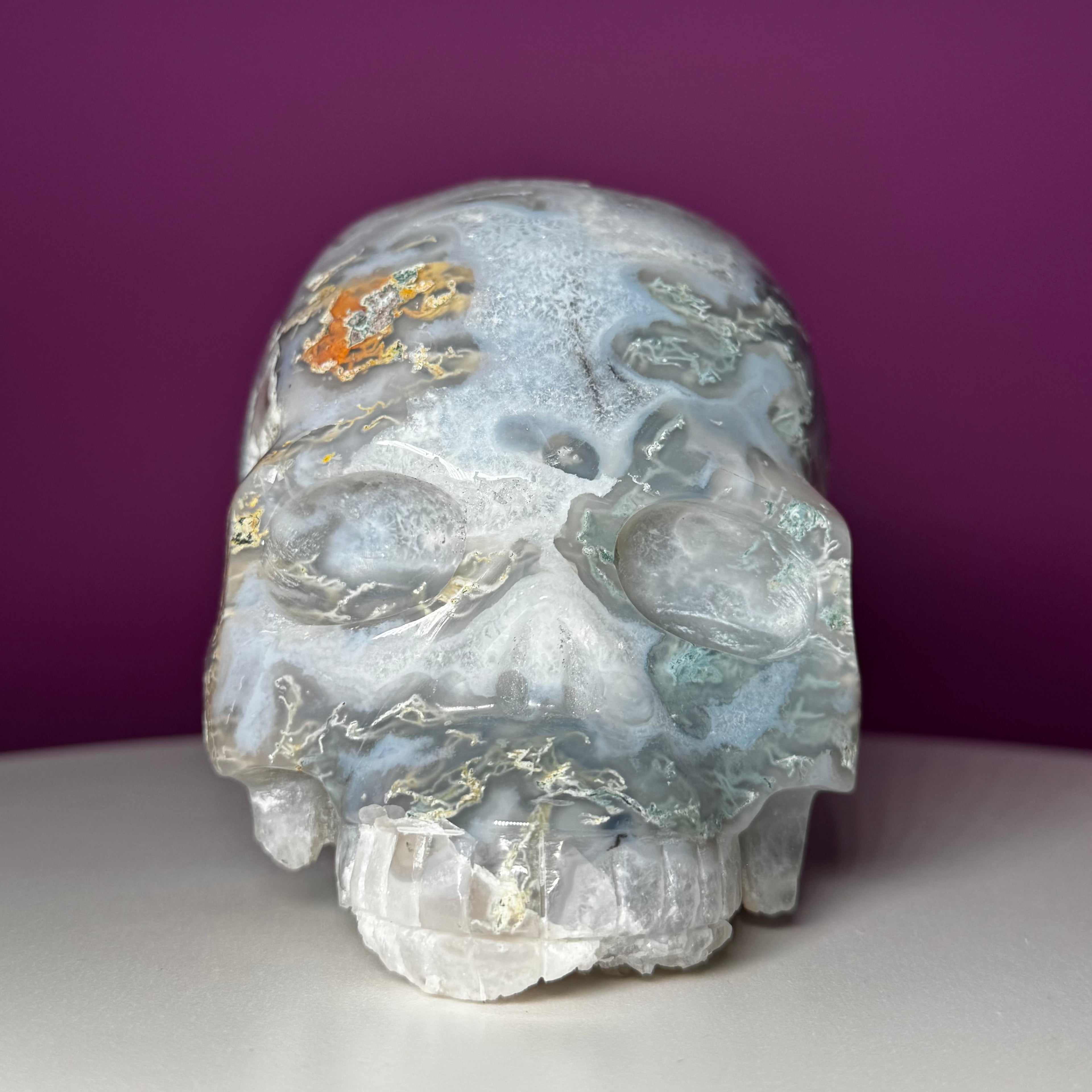 Moss Agate Skull with Druzy – 1,446g Collector Statement Piece