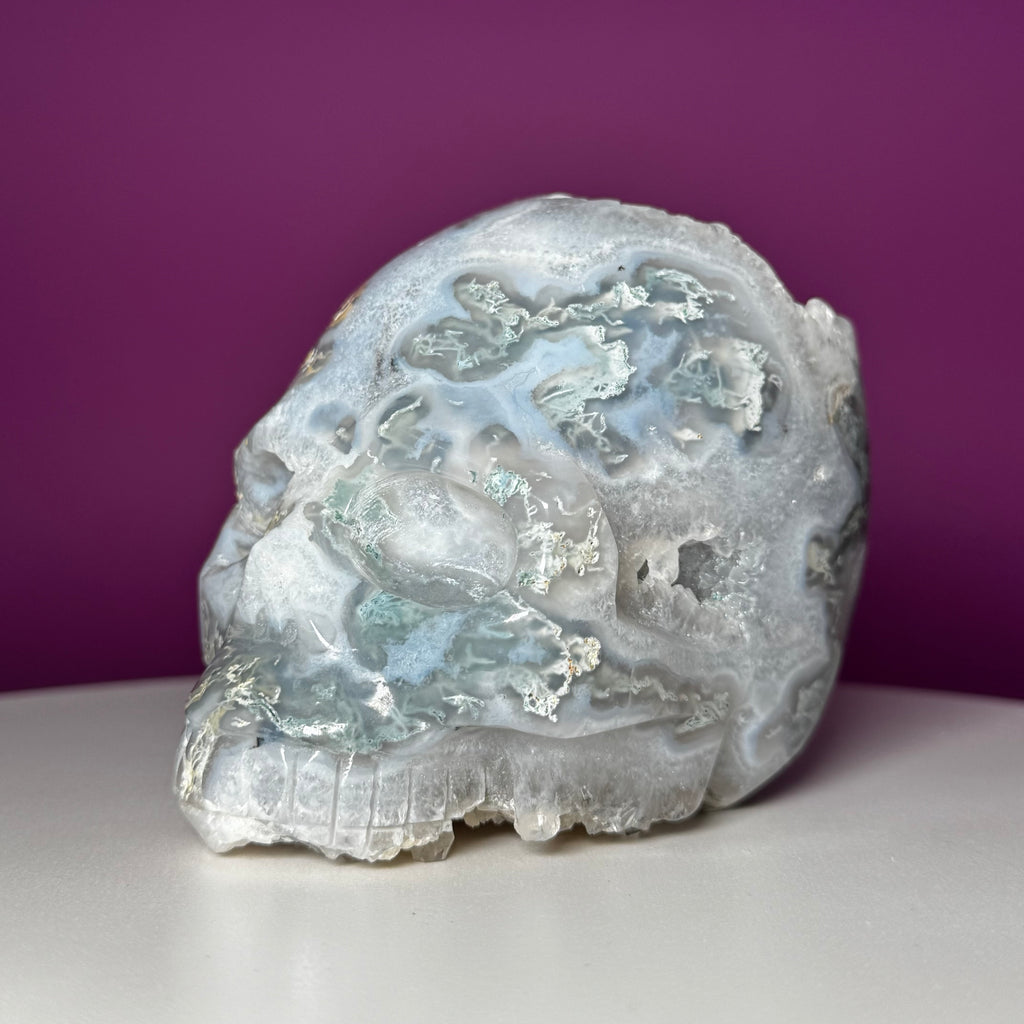 Moss Agate Skull with Druzy – 1,446g Collector Statement Piece