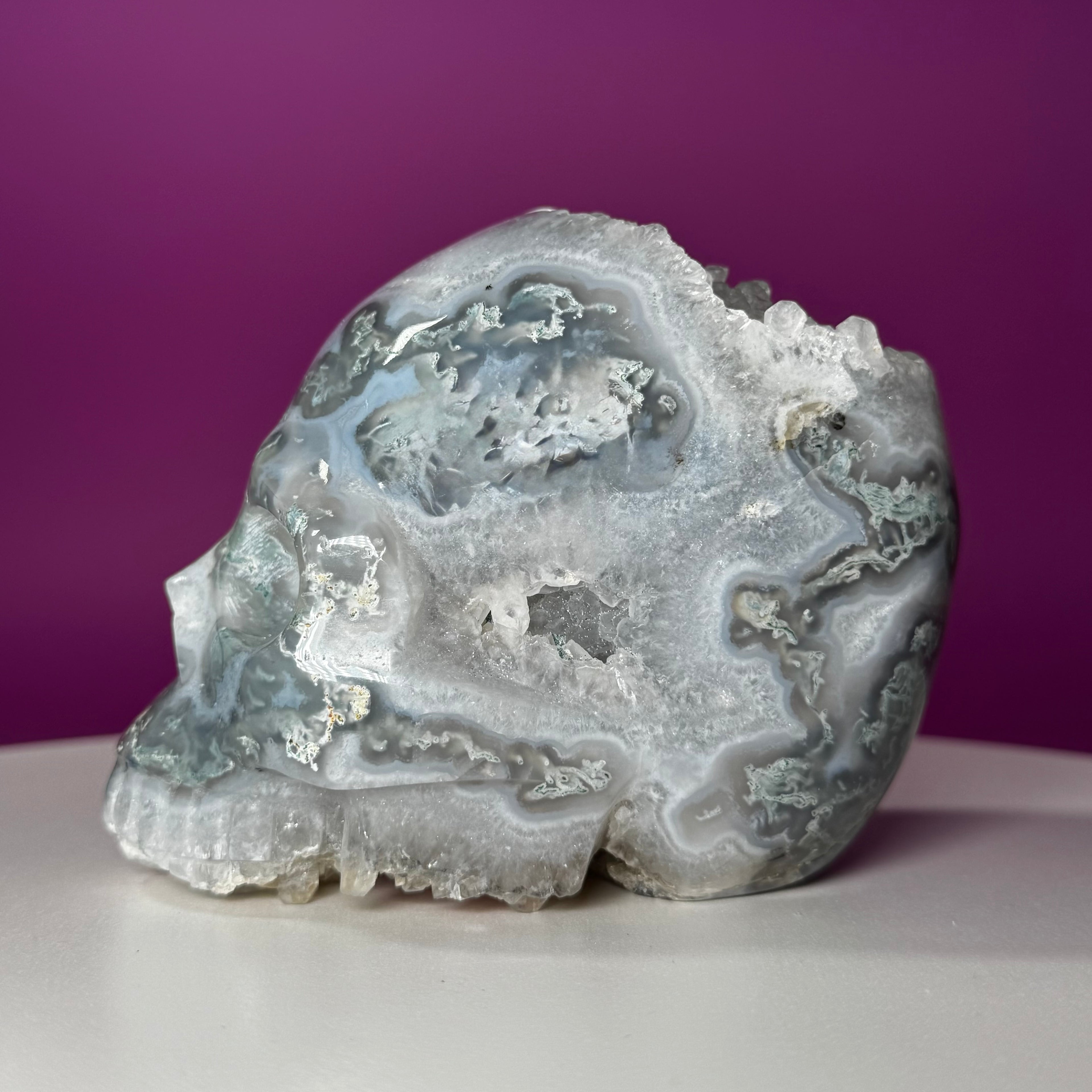 Moss Agate Skull with Druzy – 1,446g Collector Statement Piece