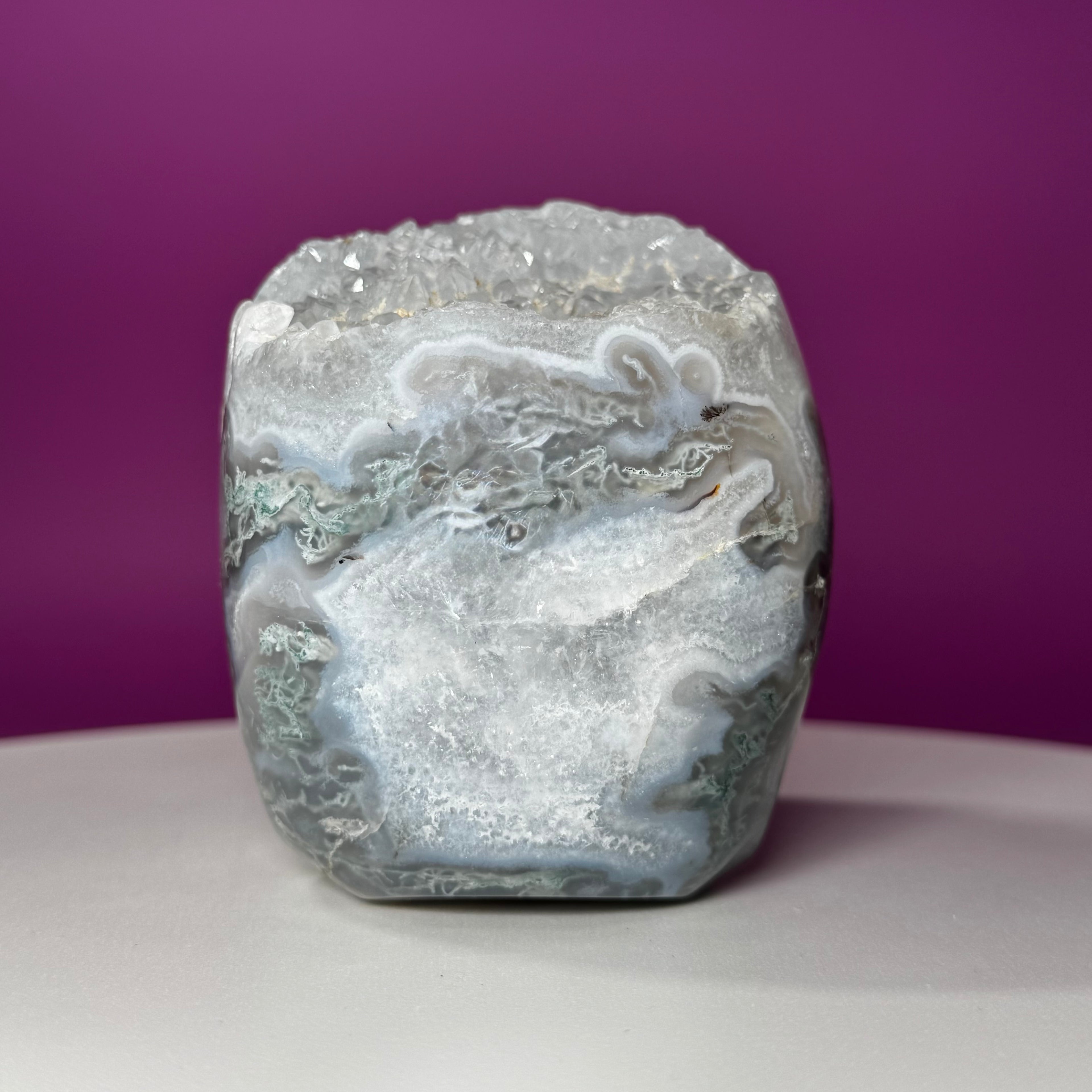Moss Agate Skull with Druzy – 1,446g Collector Statement Piece