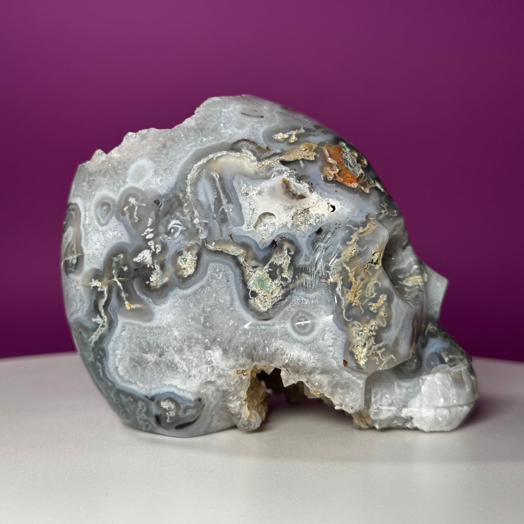 Moss Agate Skull with Druzy – 1,446g Collector Statement Piece