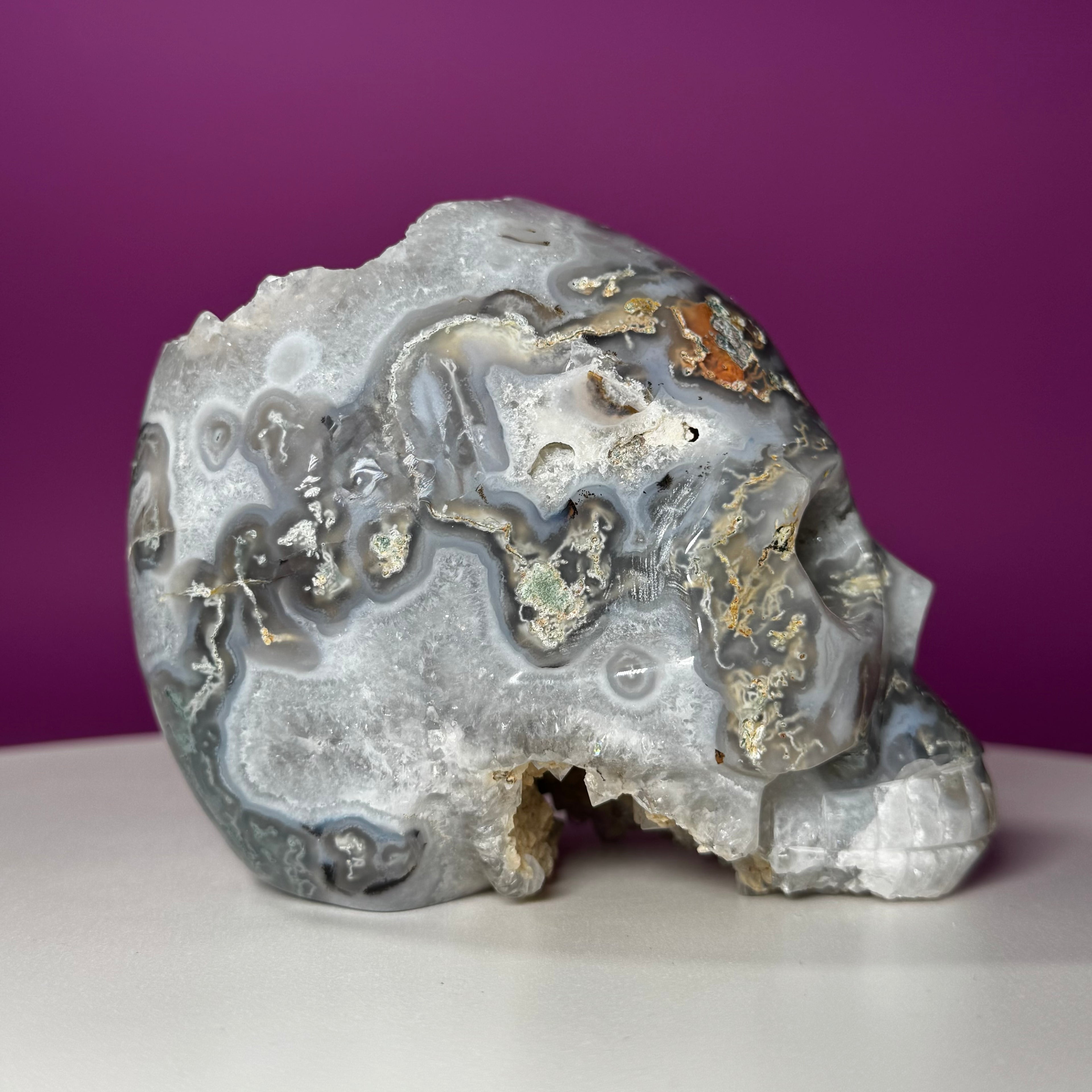 Moss Agate Skull with Druzy – 1,446g Collector Statement Piece