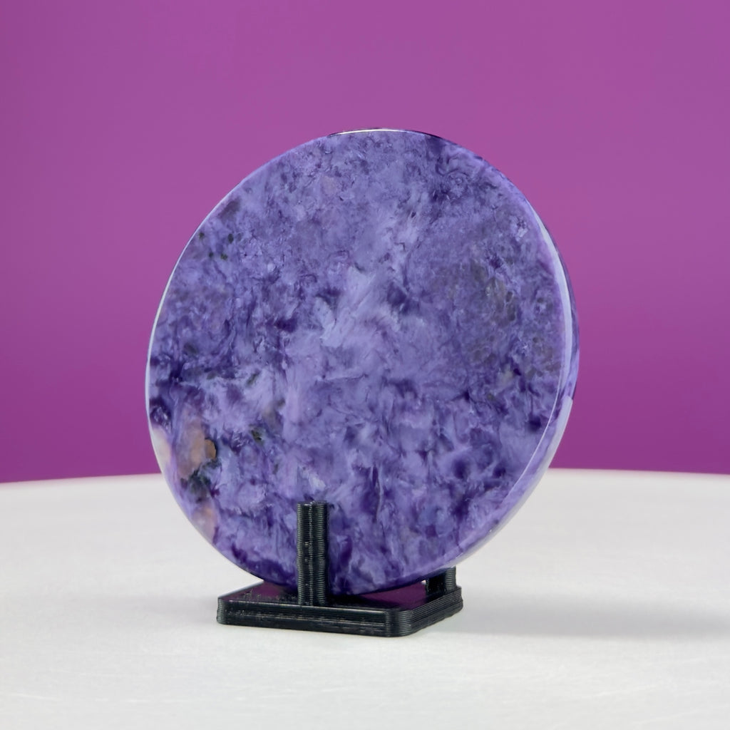 Charoite Disc with Stand | Russian Charoite | Purple Crystal – 43g