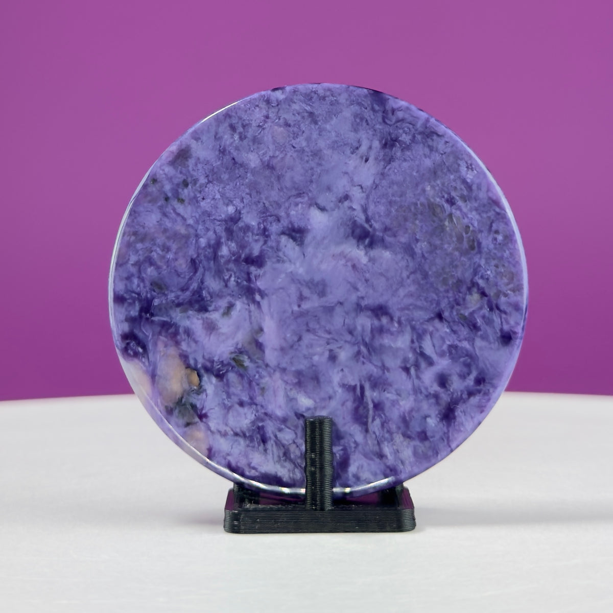 Charoite Disc with Stand | Russian Charoite | Purple Crystal – 43g