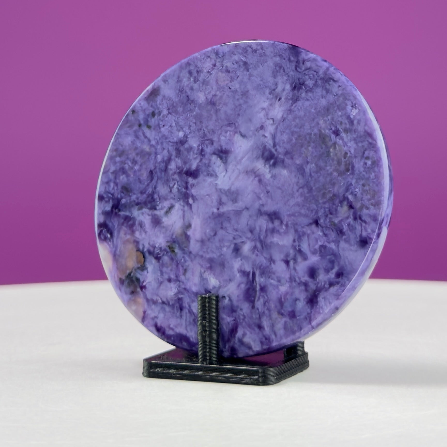 Charoite Disc with Stand | Russian Charoite | Purple Crystal – 43g