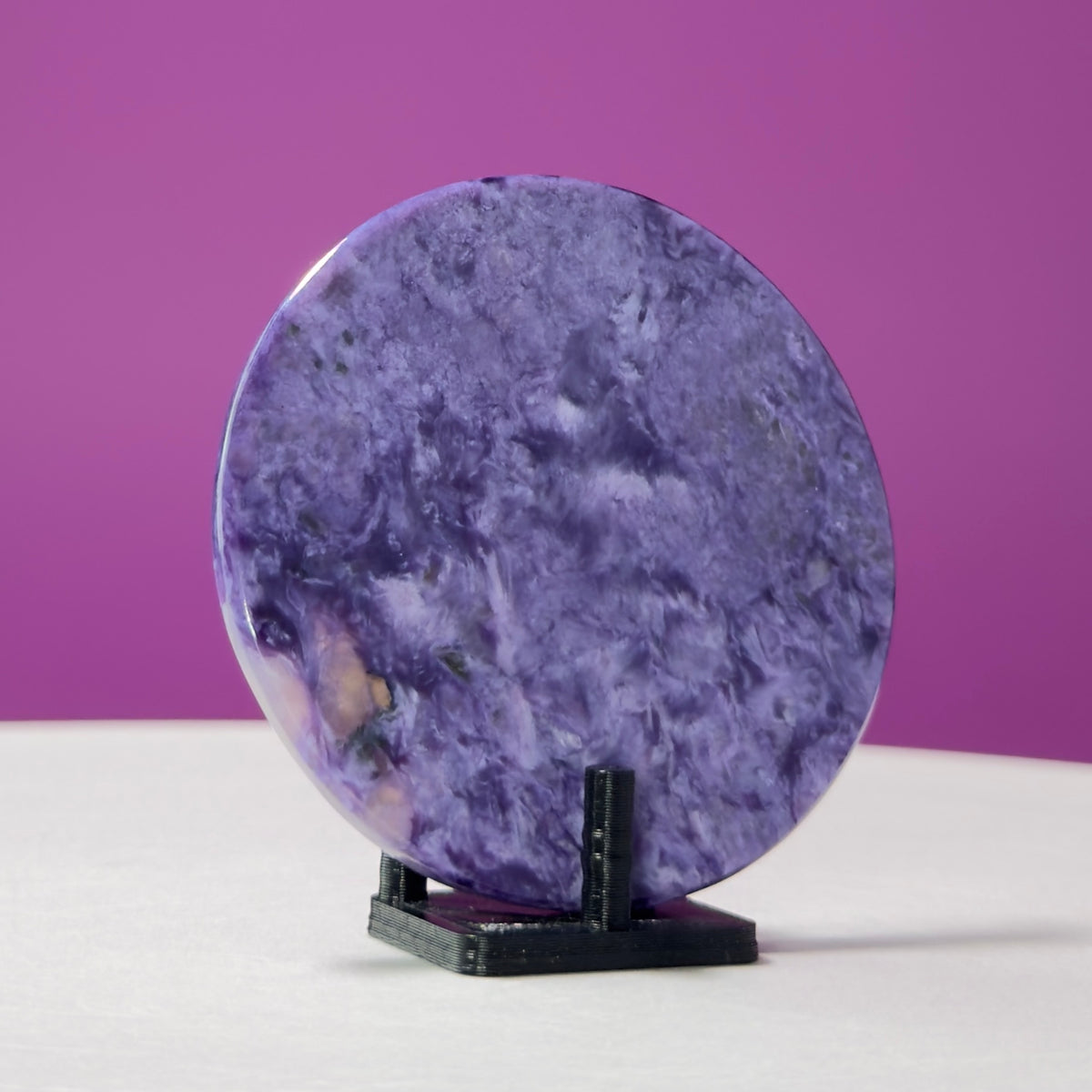 Charoite Disc with Stand | Russian Charoite | Purple Crystal – 43g