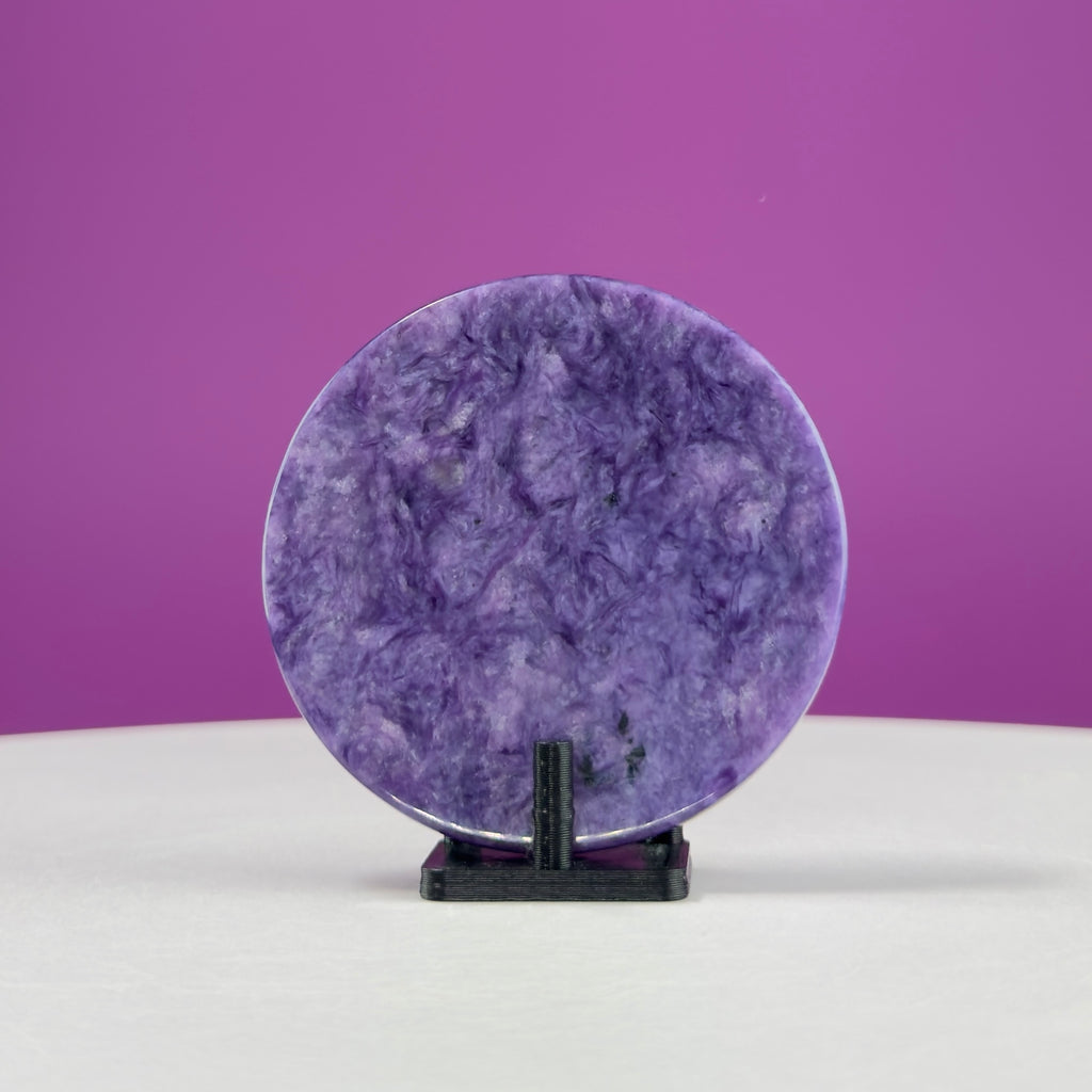 Charoite Disc with Stand | Russian Charoite | Purple Crystal – 45g