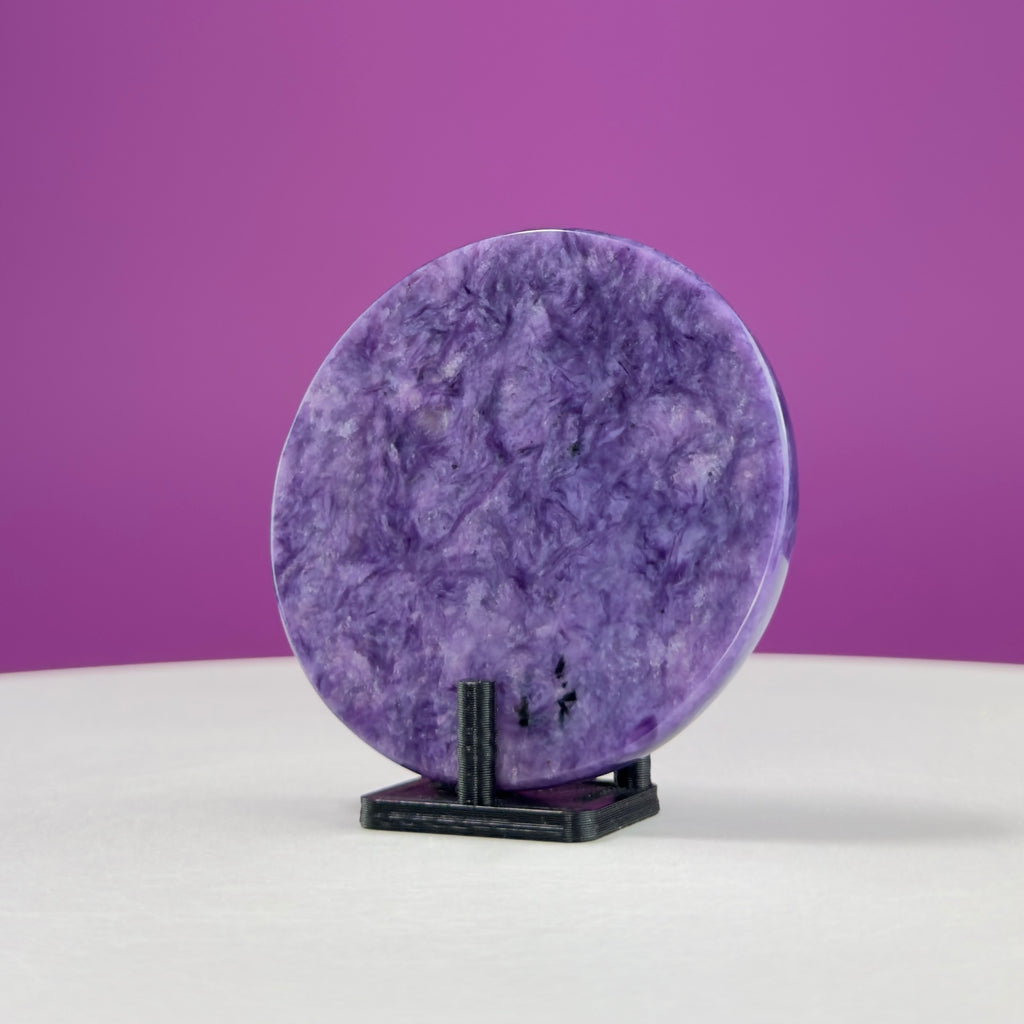 Charoite Disc with Stand | Russian Charoite | Purple Crystal – 45g