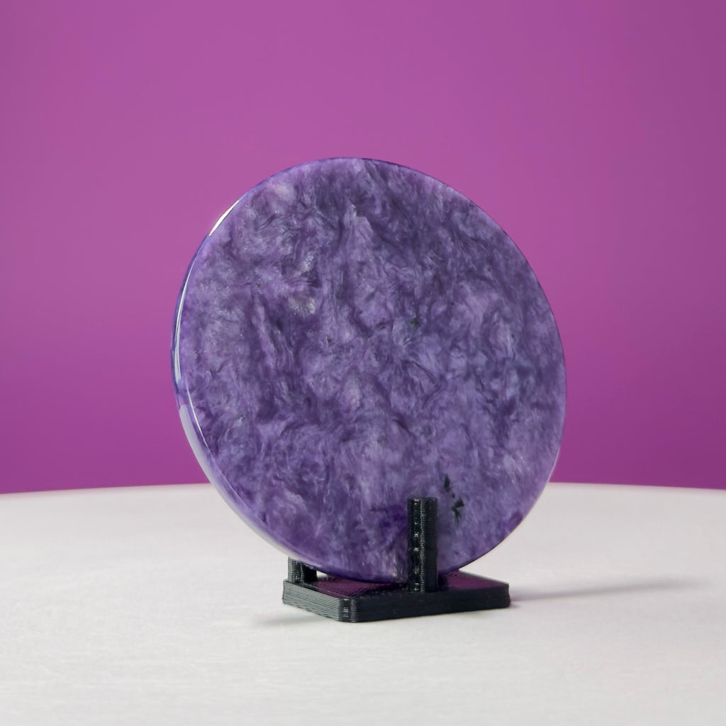 Charoite Disc with Stand | Russian Charoite | Purple Crystal – 45g