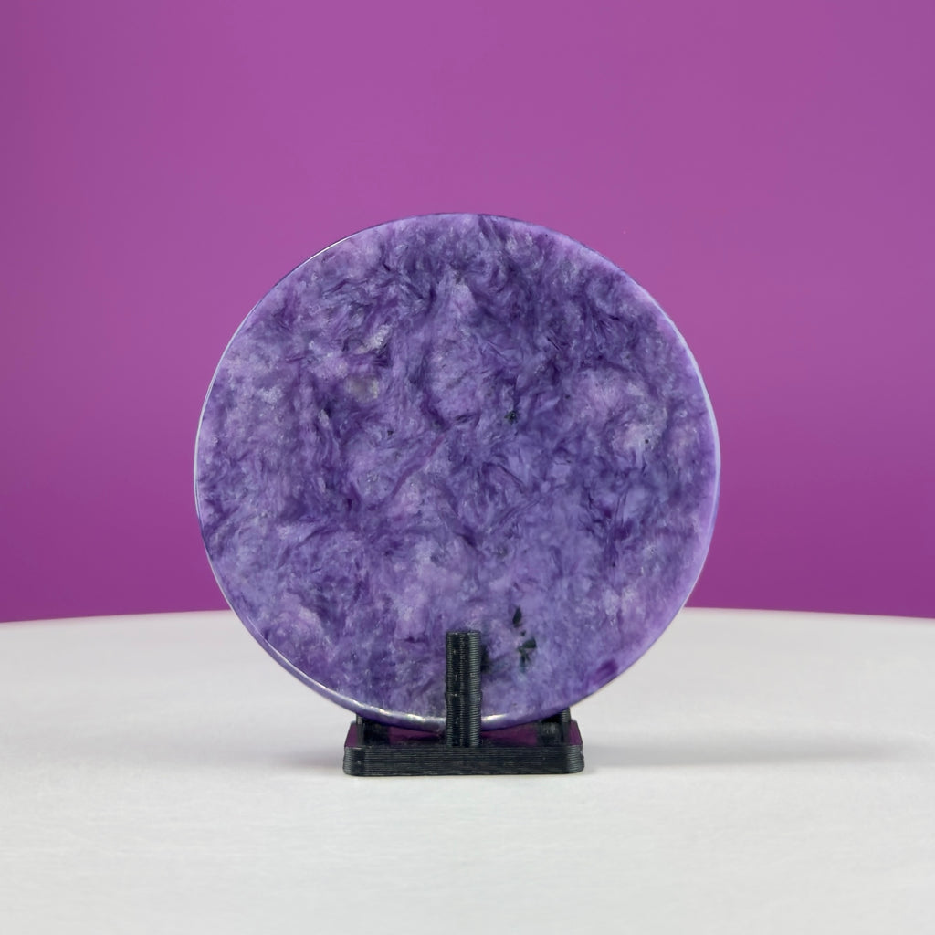Charoite Disc with Stand | Russian Charoite | Purple Crystal – 45g