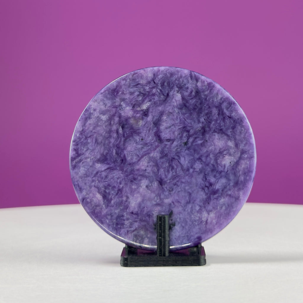 Charoite Disc with Stand | Russian Charoite | Purple Crystal – 45g