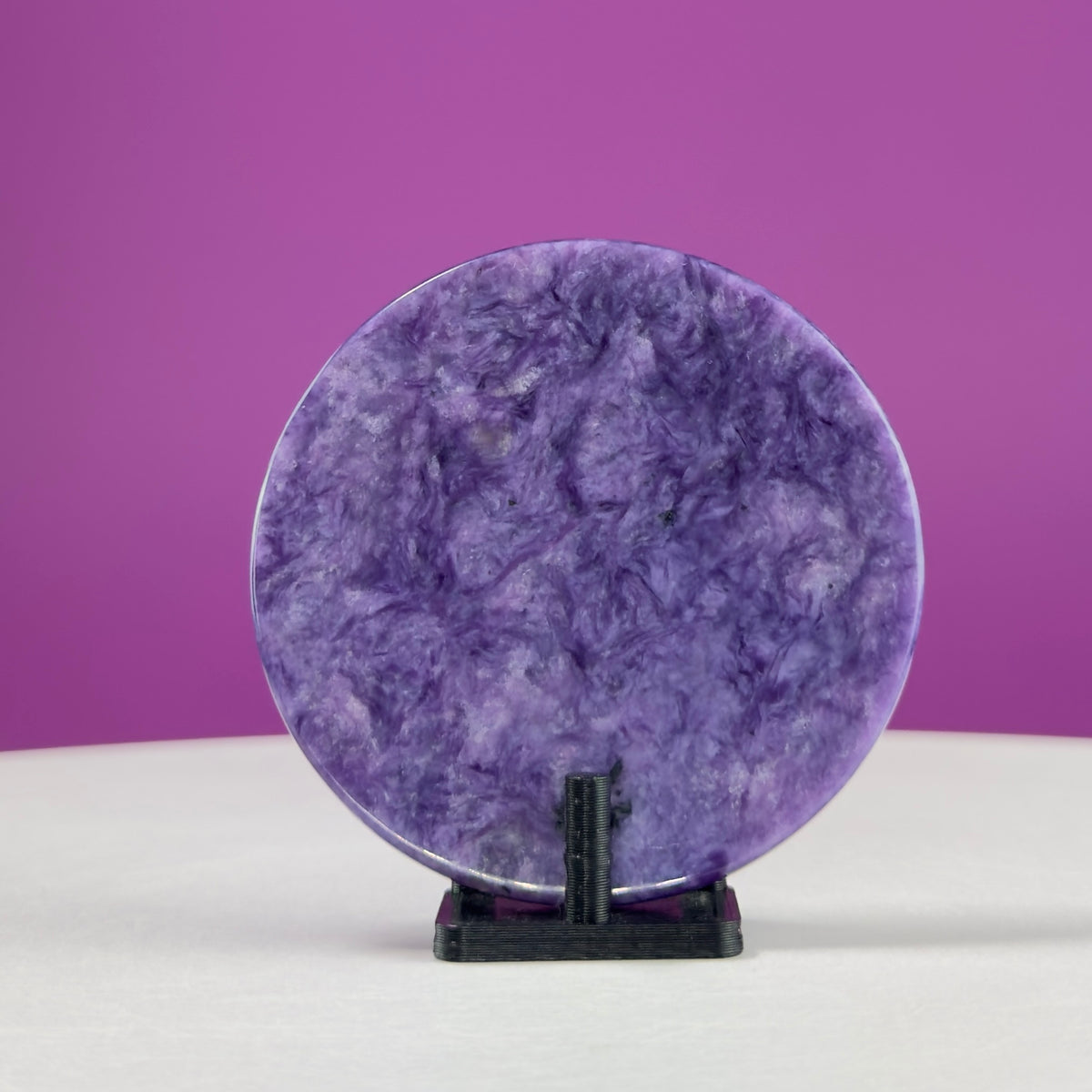 Charoite Disc with Stand | Russian Charoite | Purple Crystal – 45g