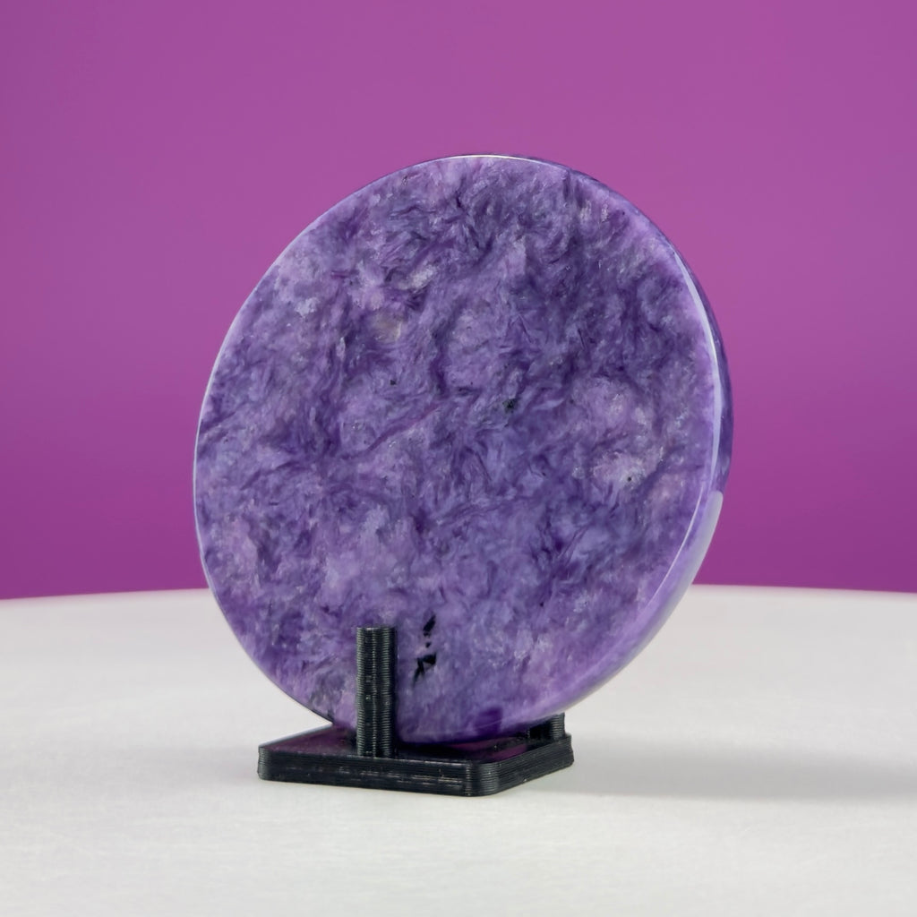 Charoite Disc with Stand | Russian Charoite | Purple Crystal – 45g
