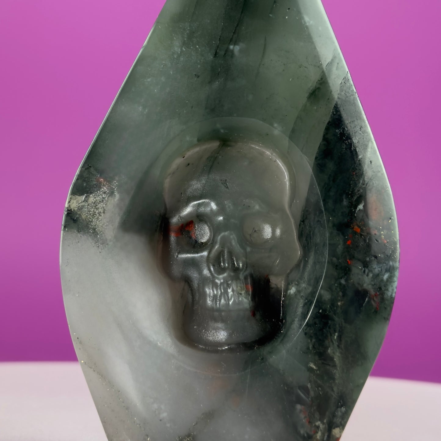 African Bloodstone Skull Flame Carving – 370g Crystal Skull