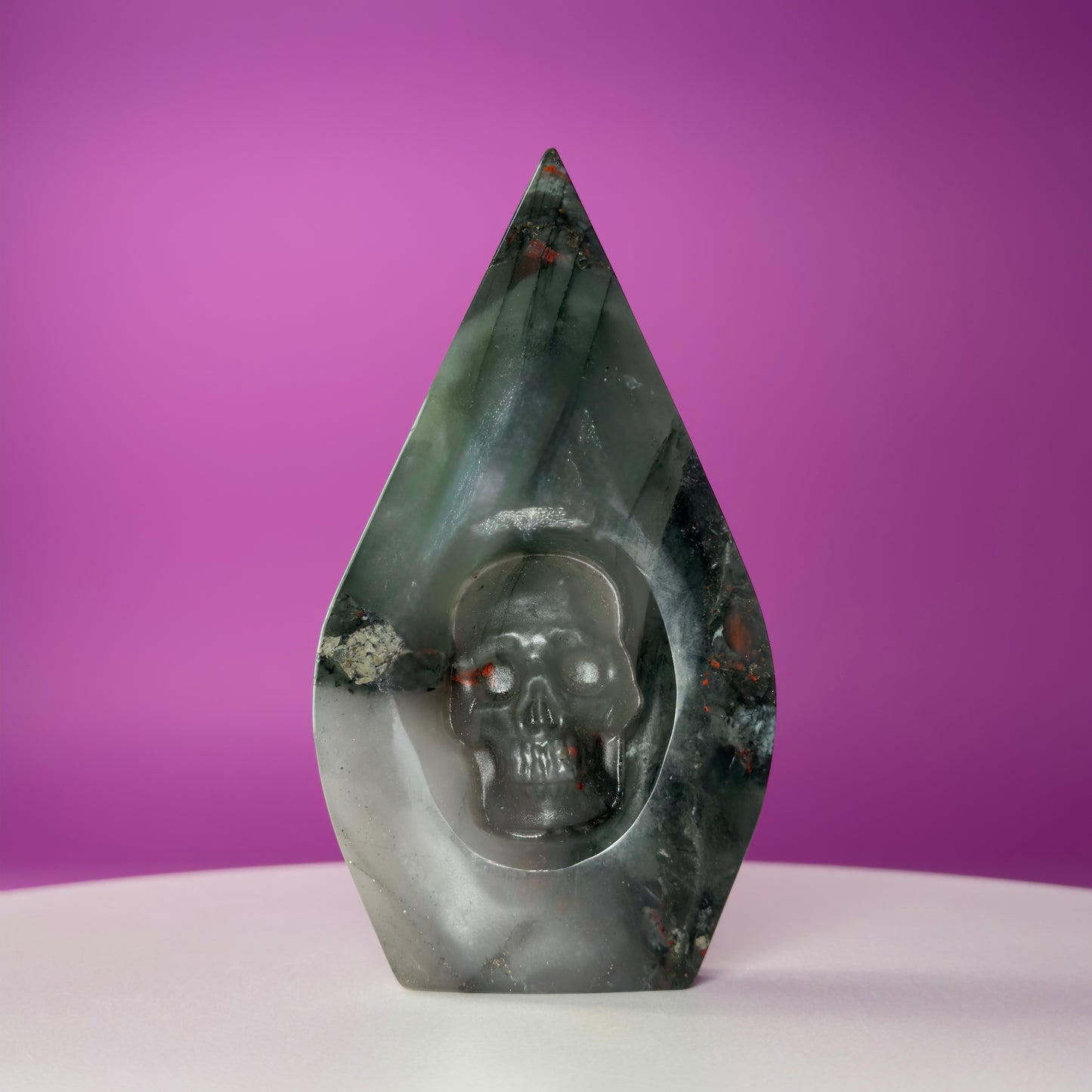 African Bloodstone Skull Flame Carving – 370g Crystal Skull