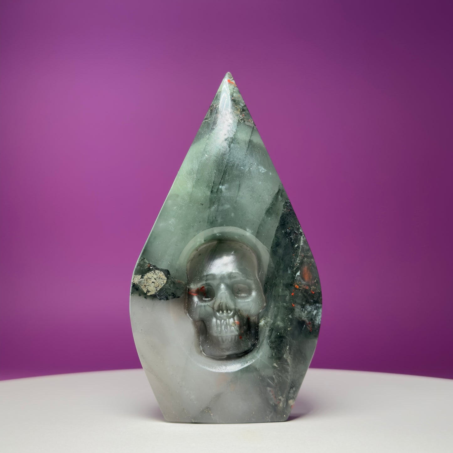 African Bloodstone Skull Flame Carving – 370g Crystal Skull