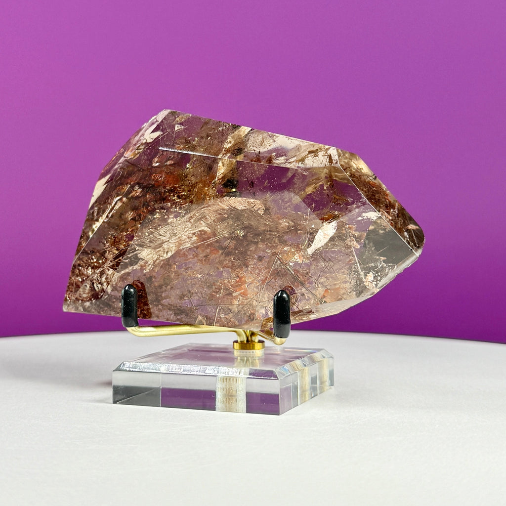 Black Rutile Garden Quartz Free Form on Gold Stand | Lodolite Quartz Collector Display Specimen