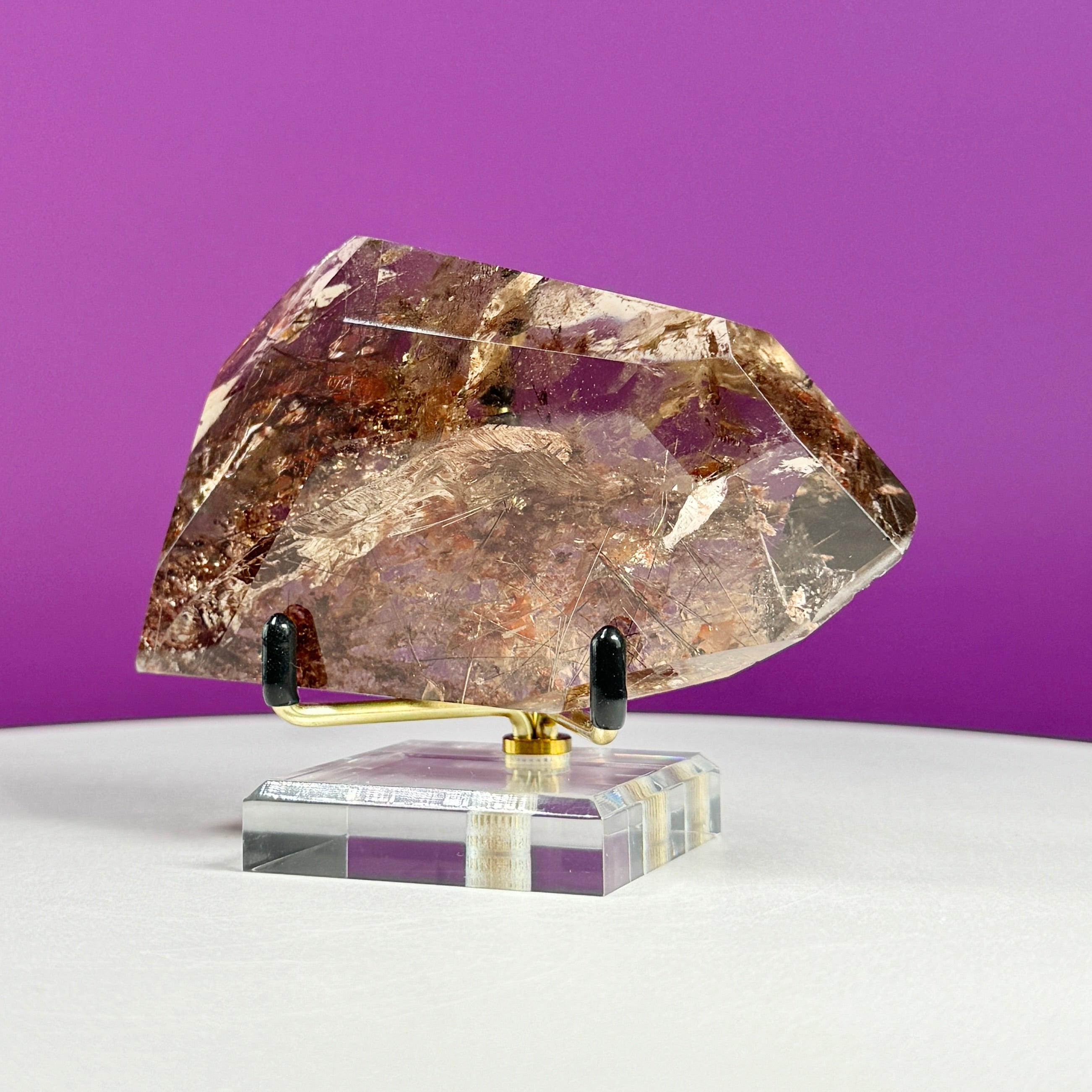 Black Rutile Garden Quartz Free Form on Gold Stand | Lodolite Quartz Collector Display Specimen