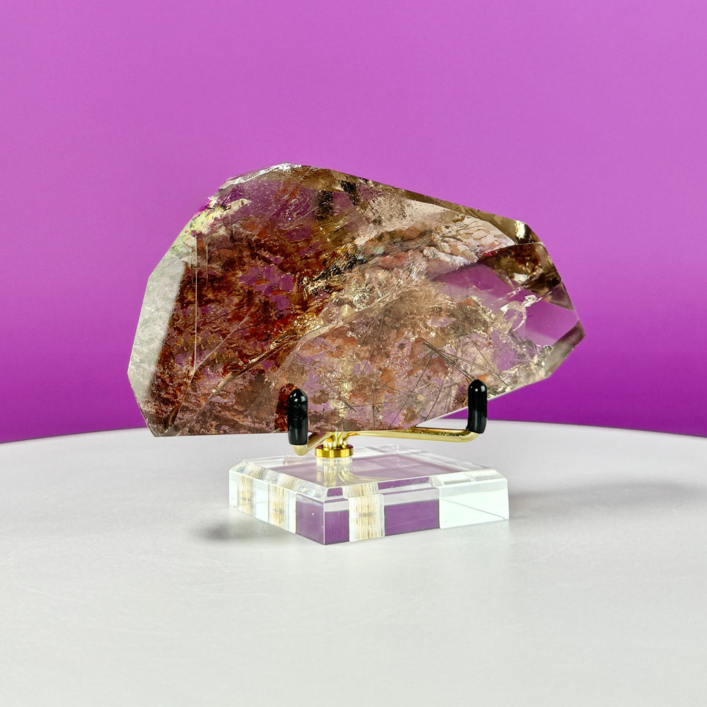 Black Rutile Garden Quartz Free Form on Gold Stand | Lodolite Quartz Collector Display Specimen