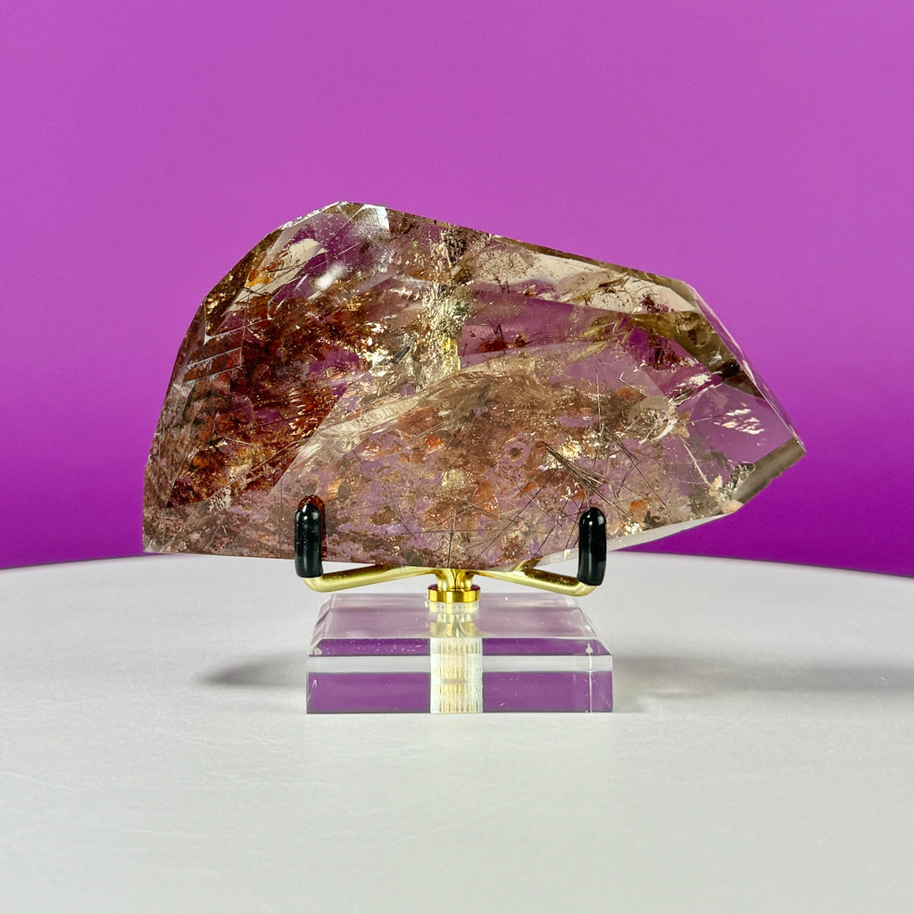 Black Rutile Garden Quartz Free Form on Gold Stand | Lodolite Quartz Collector Display Specimen