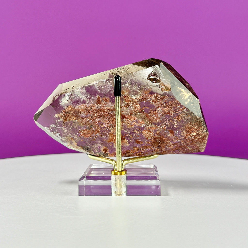 Black Rutile Garden Quartz Free Form on Gold Stand | Lodolite Quartz Collector Display Specimen