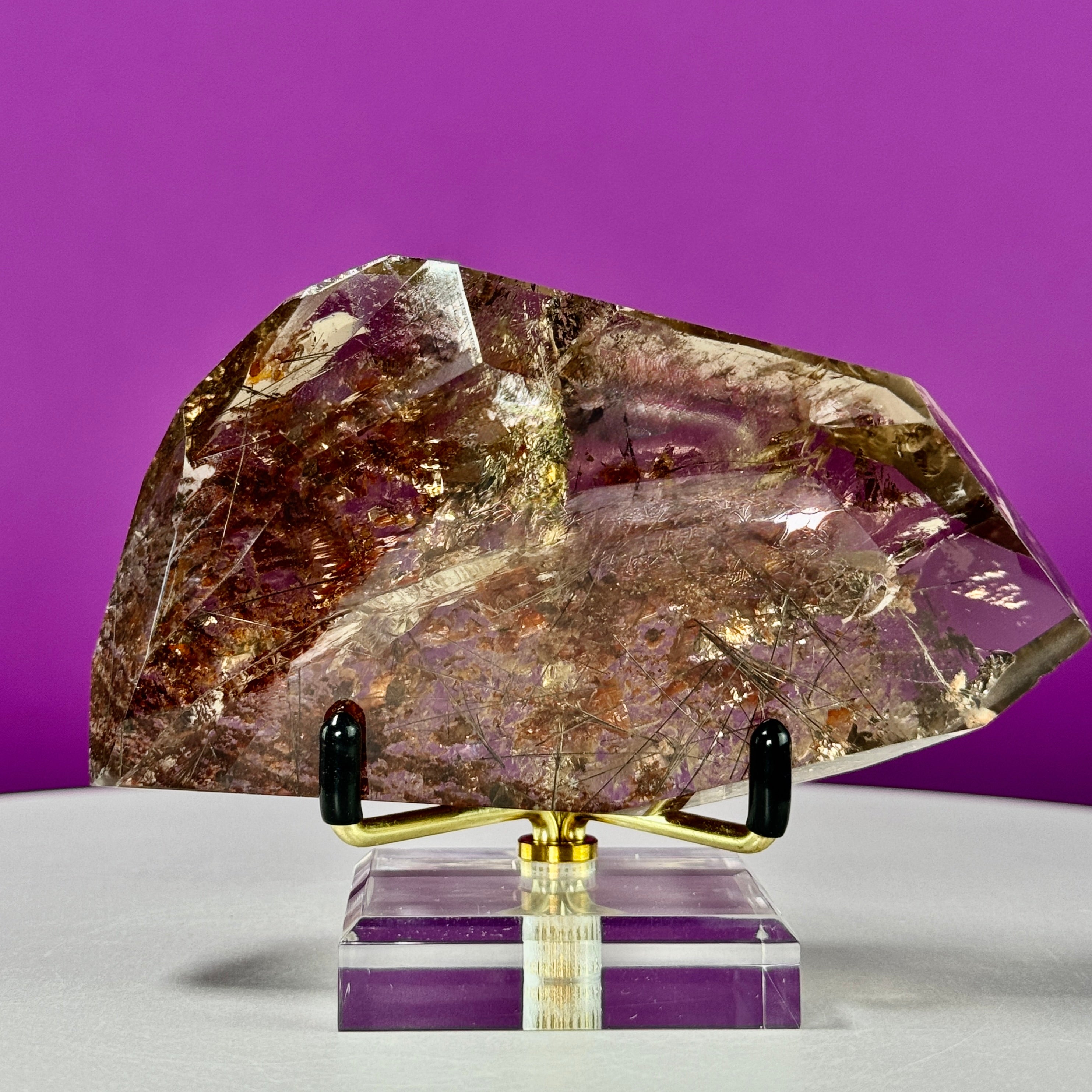 Black Rutile Garden Quartz Free Form on Gold Stand | Lodolite Quartz Collector Display Specimen