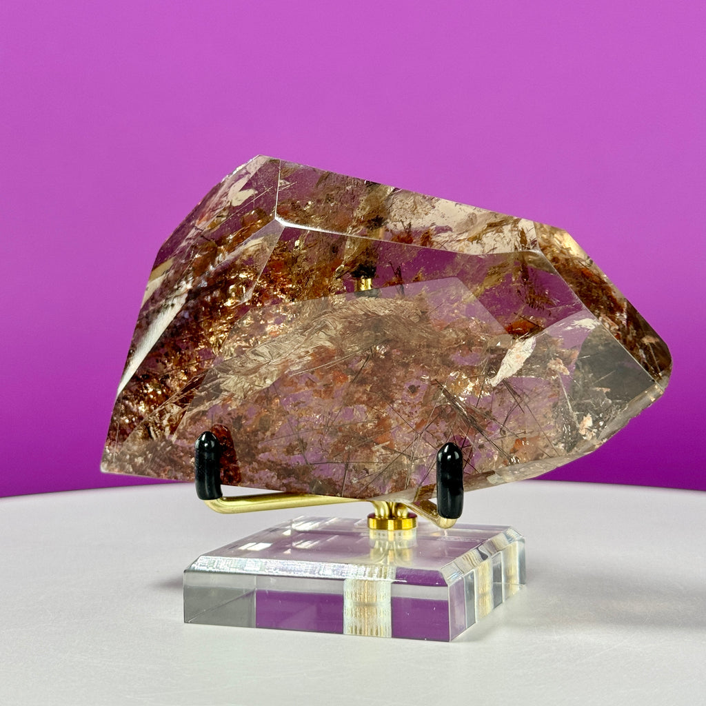 Black Rutile Garden Quartz Free Form on Gold Stand | Lodolite Quartz Collector Display Specimen