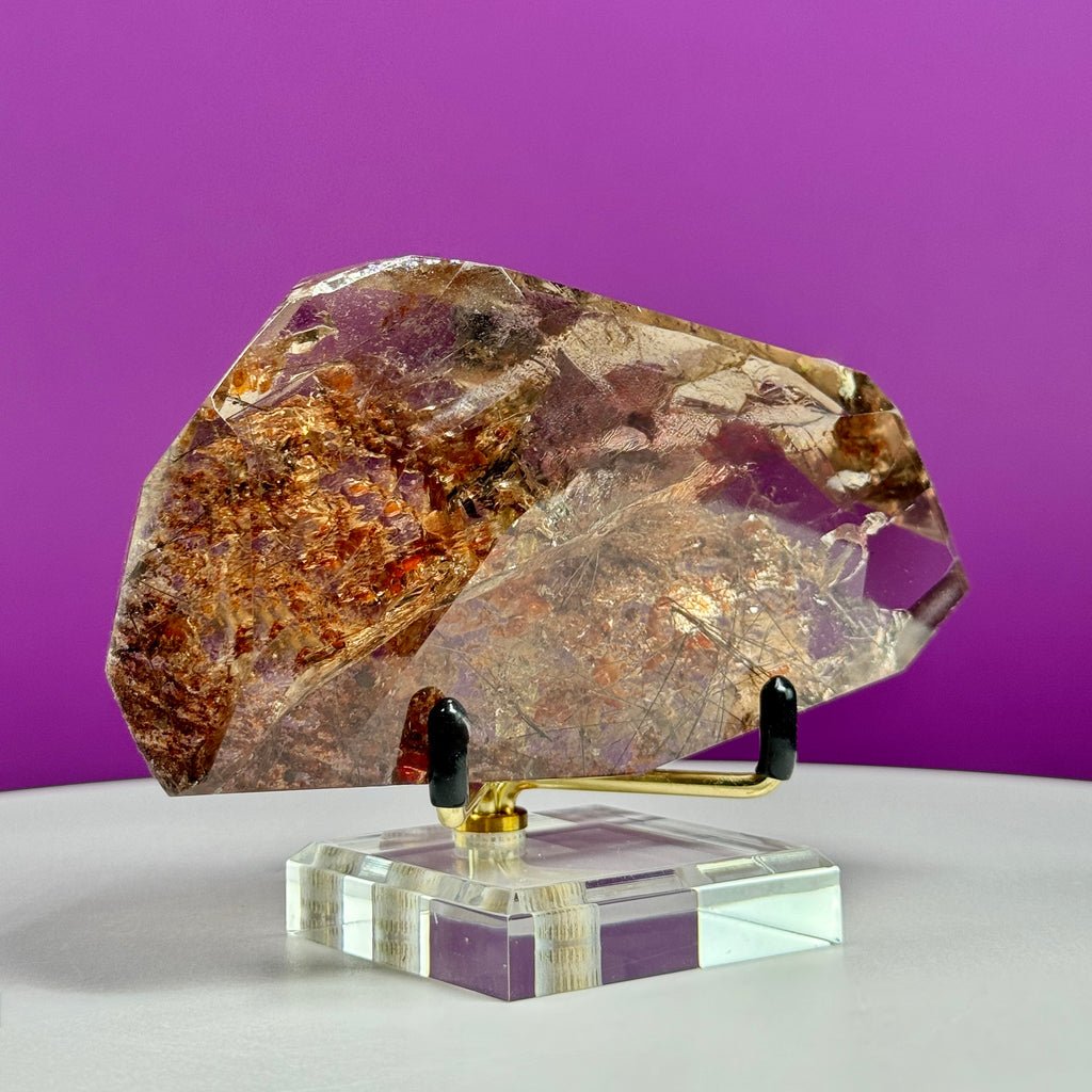 Black Rutile Garden Quartz Free Form on Gold Stand | Lodolite Quartz Collector Display Specimen