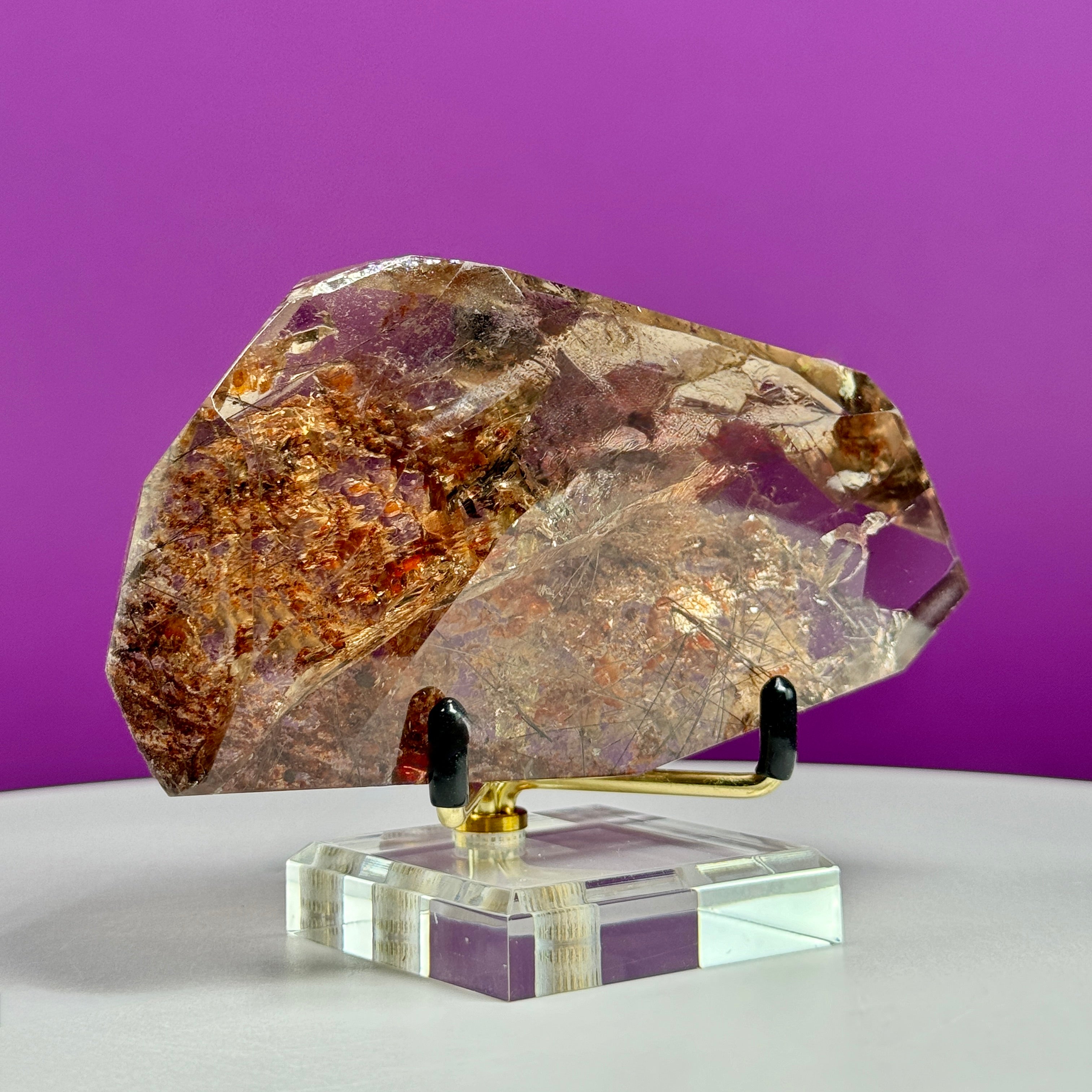 Black Rutile Garden Quartz Free Form on Gold Stand | Lodolite Quartz Collector Display Specimen