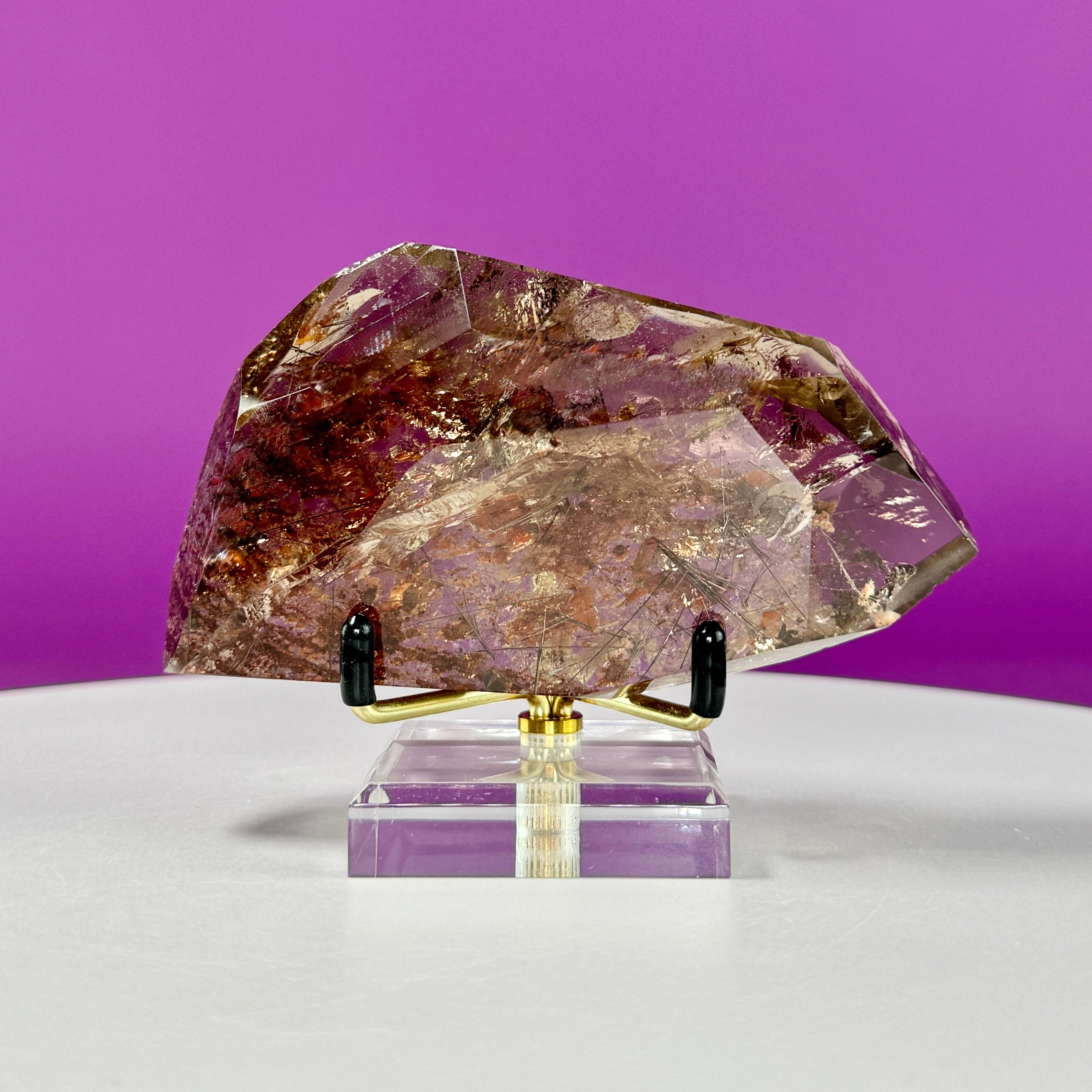 Black Rutile Garden Quartz Free Form on Gold Stand | Lodolite Quartz Collector Display Specimen