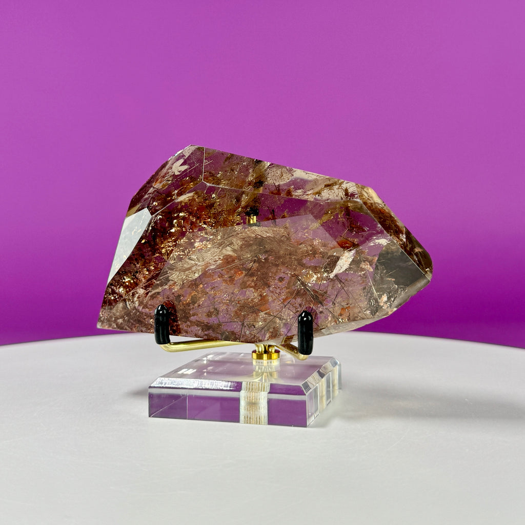 Black Rutile Garden Quartz Free Form on Gold Stand | Lodolite Quartz Collector Display Specimen