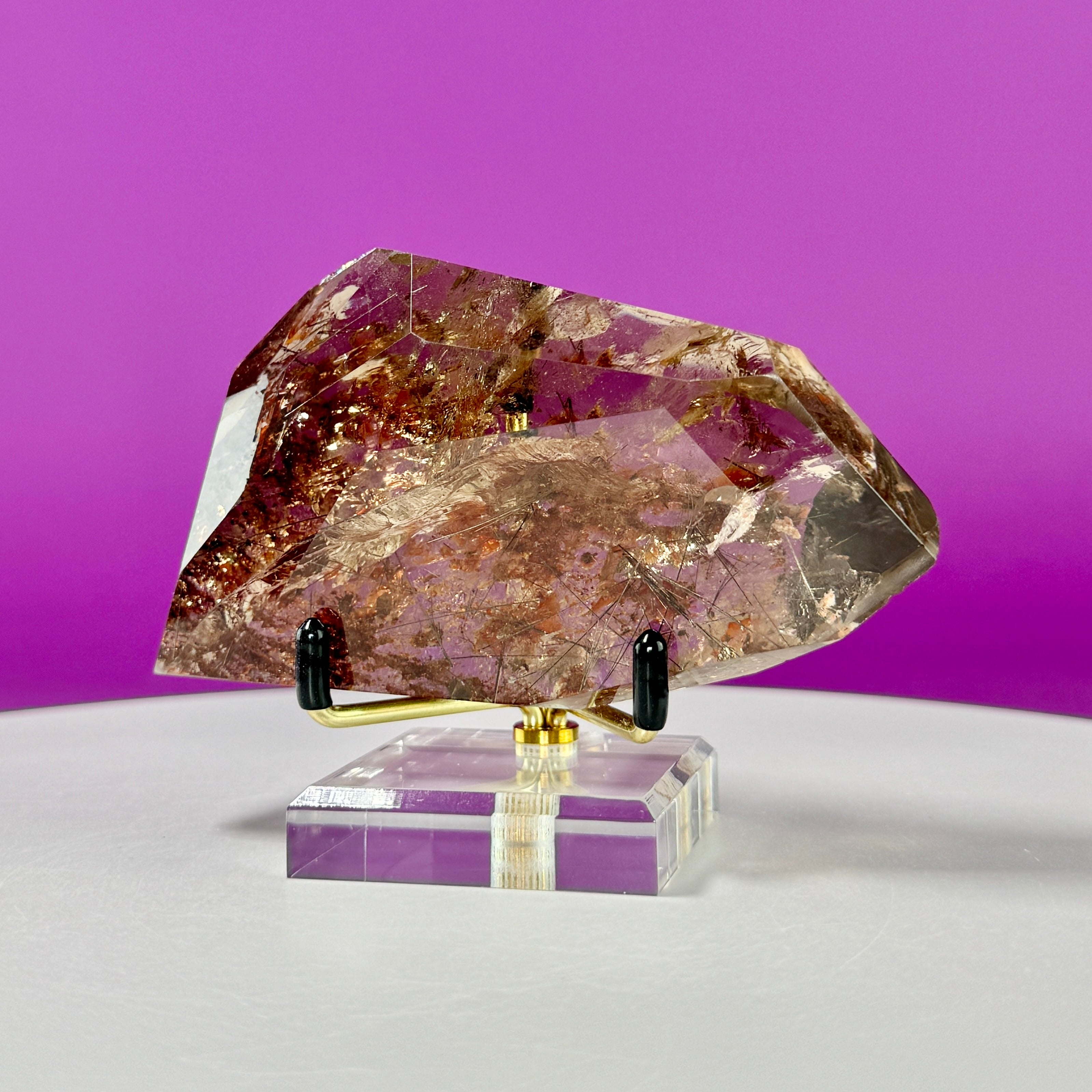 Black Rutile Garden Quartz Free Form on Gold Stand | Lodolite Quartz Collector Display Specimen