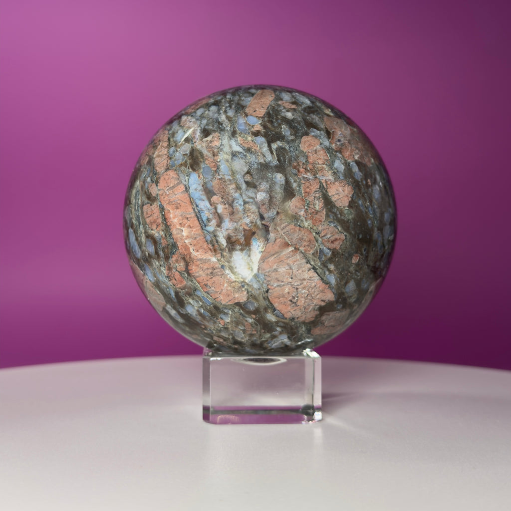 Rhyolite Sphere on Glass Stand | Large Statement Crystal Sphere for Grounding & Balance