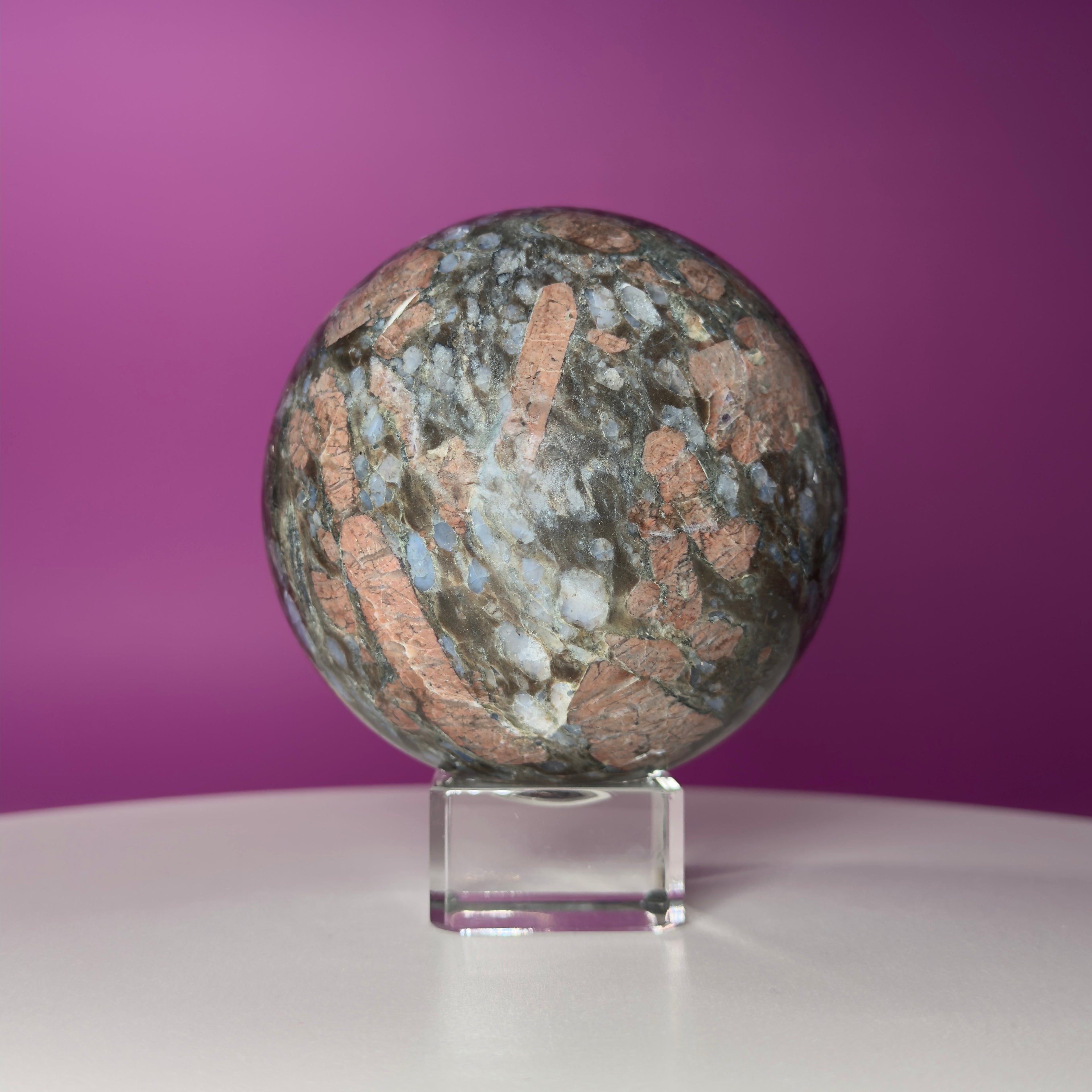 Rhyolite Sphere on Glass Stand | Large Statement Crystal Sphere for Grounding & Balance