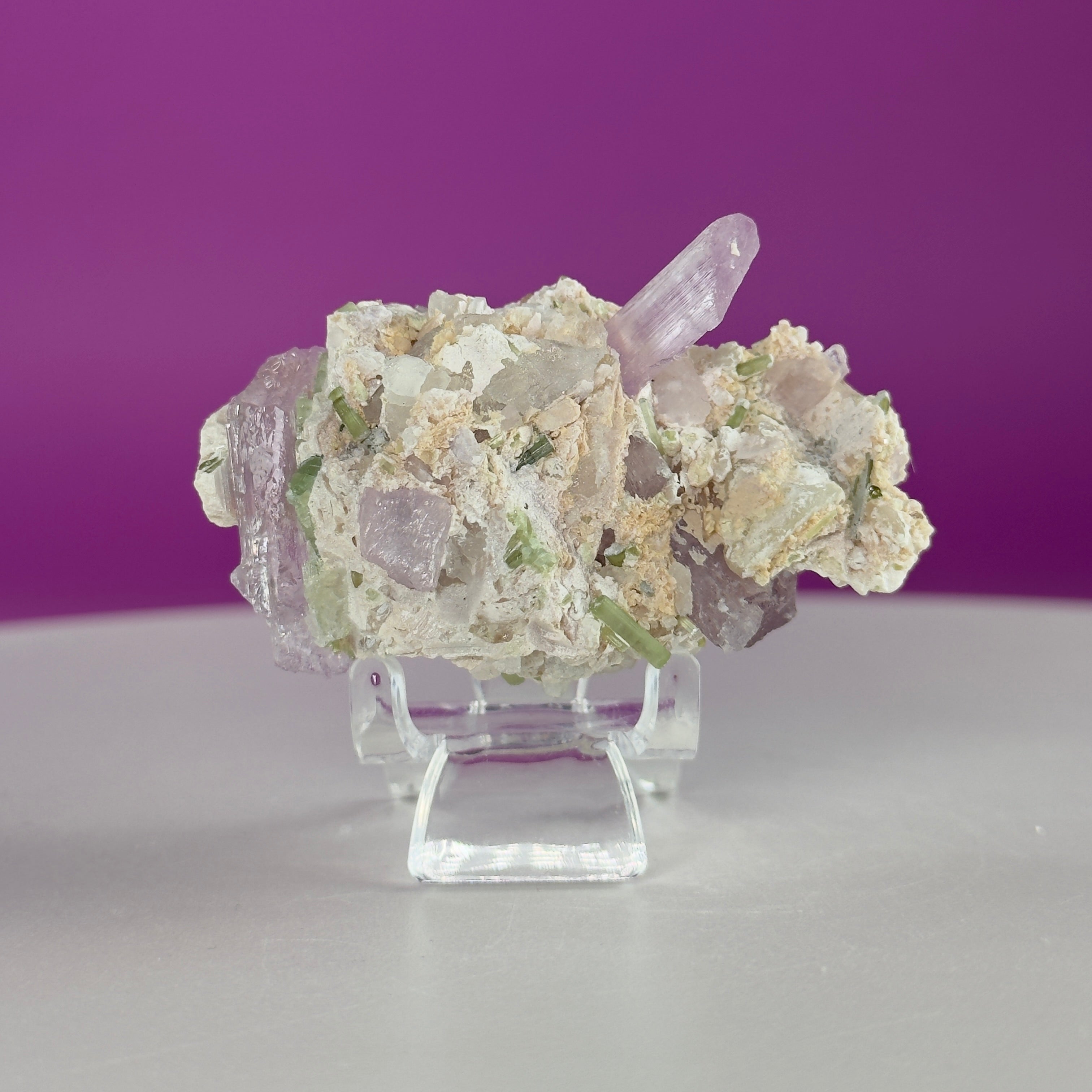 Kunzite with Green Tourmaline in Quartz Specimen with Stand | Collector Crystal Display Piece
