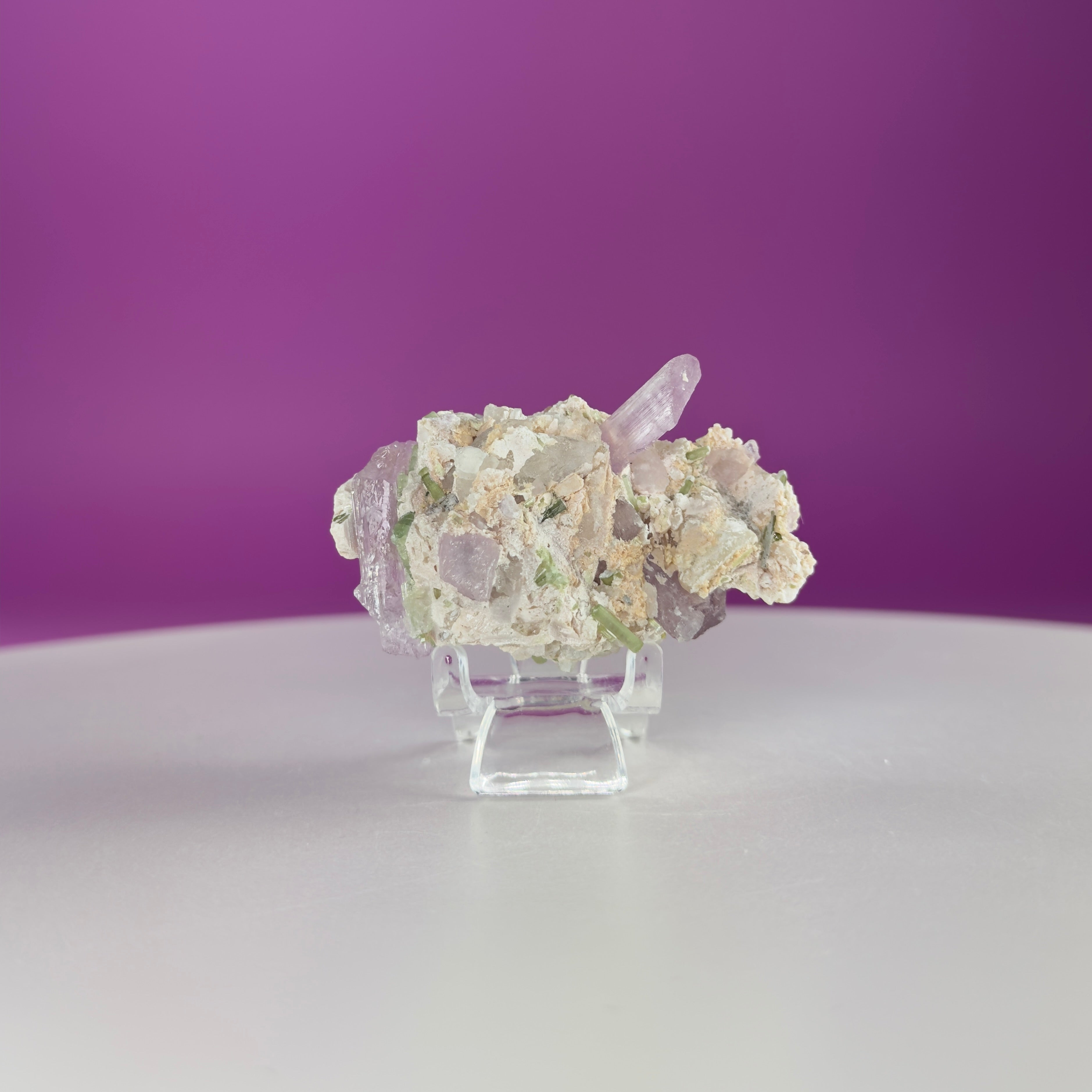 Kunzite with Green Tourmaline in Quartz Specimen with Stand | Collector Crystal Display Piece