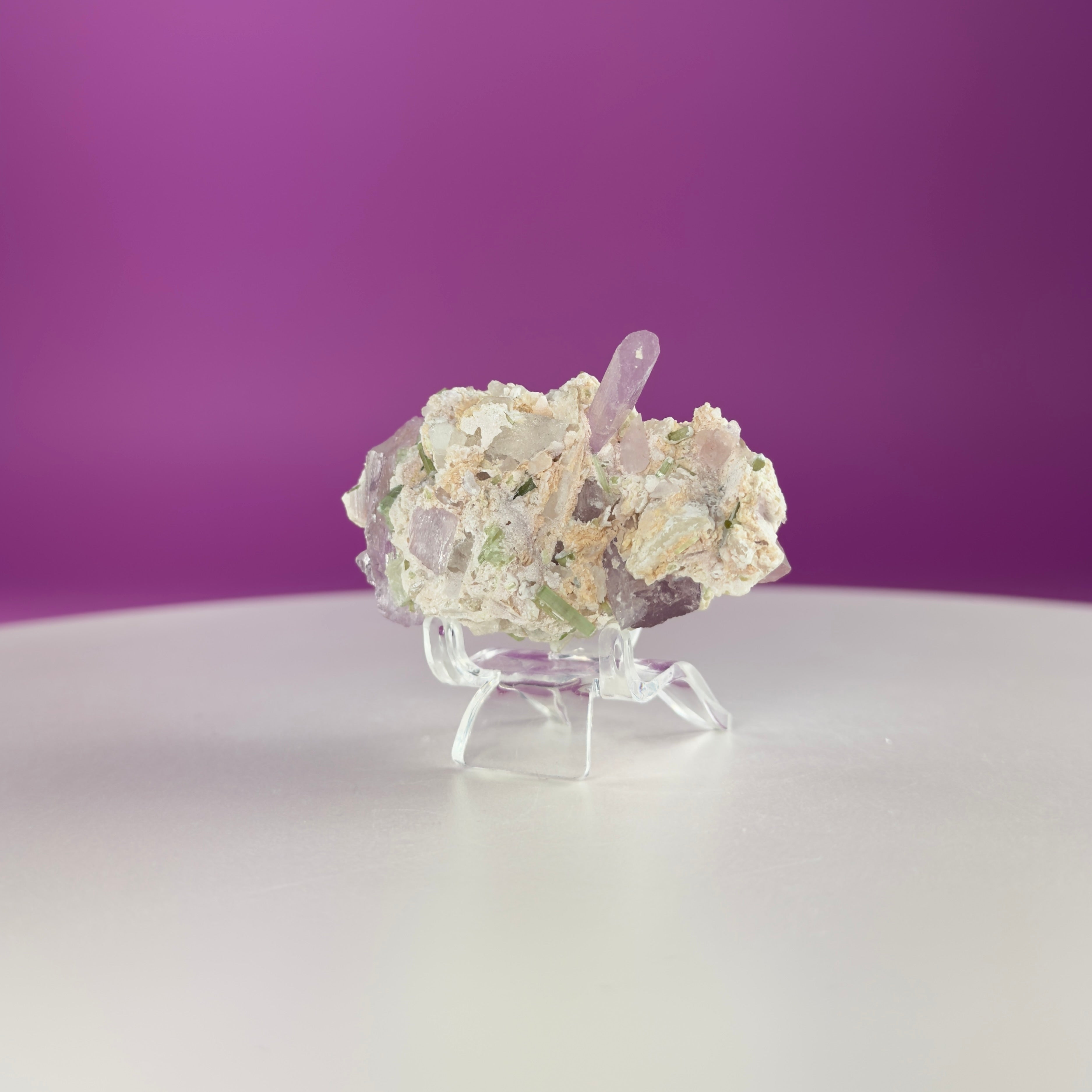 Kunzite with Green Tourmaline in Quartz Specimen with Stand | Collector Crystal Display Piece