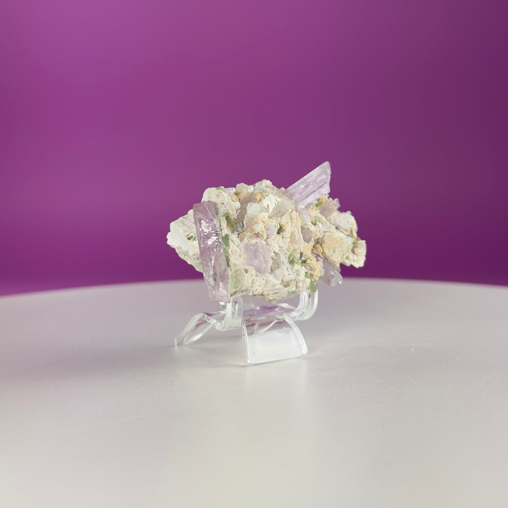 Kunzite with Green Tourmaline in Quartz Specimen with Stand | Collector Crystal Display Piece