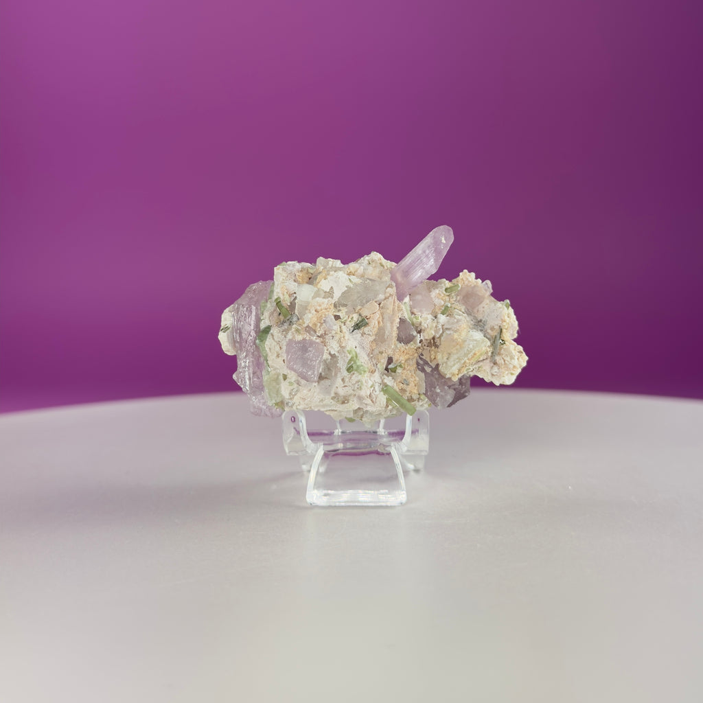 Kunzite with Green Tourmaline in Quartz Specimen with Stand | Collector Crystal Display Piece