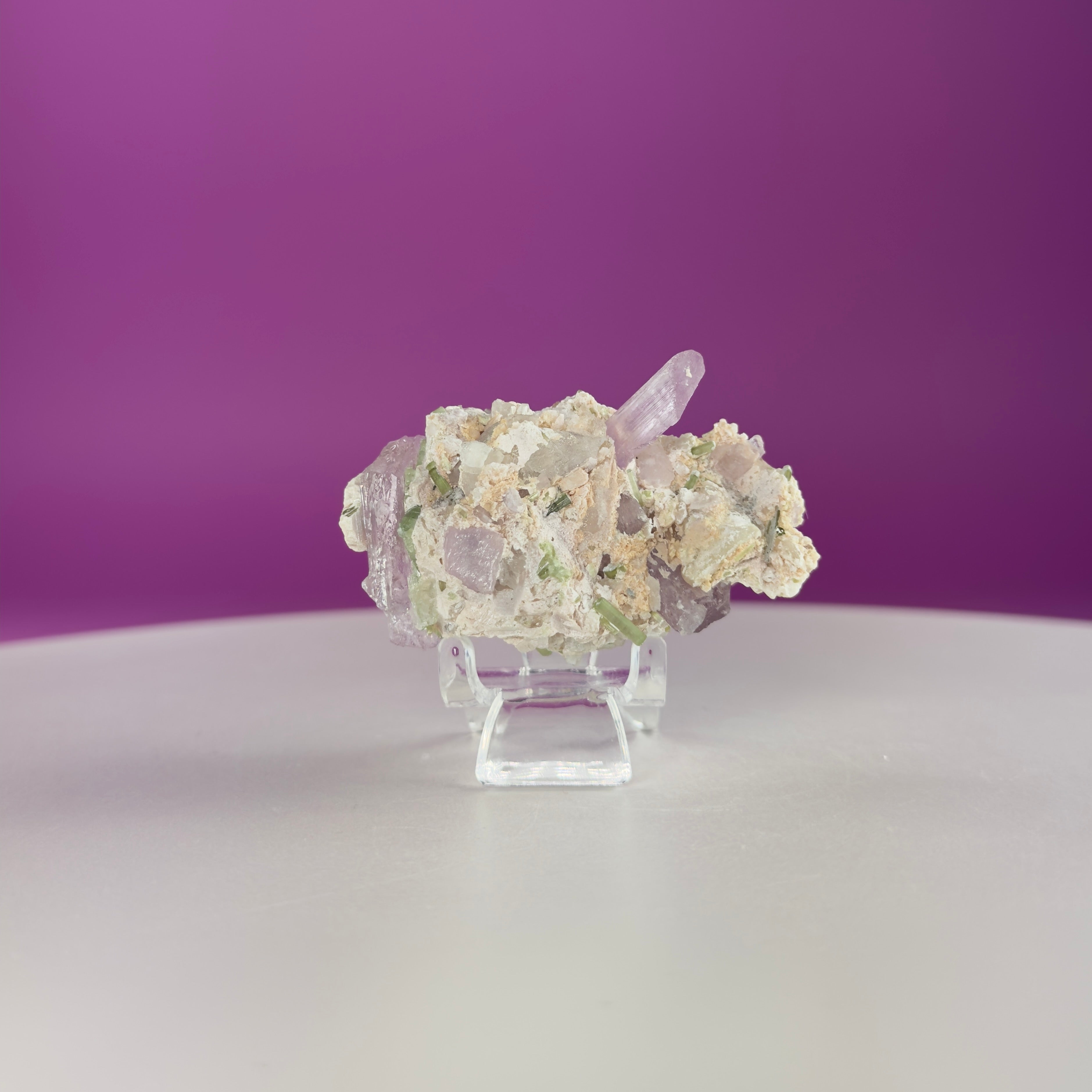 Kunzite with Green Tourmaline in Quartz Specimen with Stand | Collector Crystal Display Piece