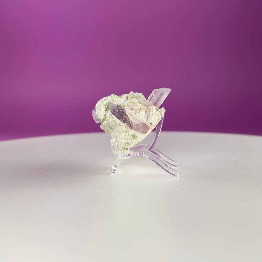 Kunzite with Green Tourmaline in Quartz Specimen with Stand | Collector Crystal Display Piece